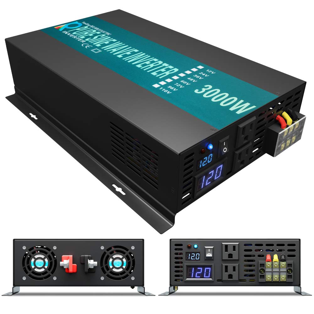 3000W 12V Pure Sine Wave Power Inverter with Remote Control - Solar Energy Converter for RV, Boat, Off-Grid & Emergency Power - 110V~120V AC Output for Home Appliances & Outdoor Use