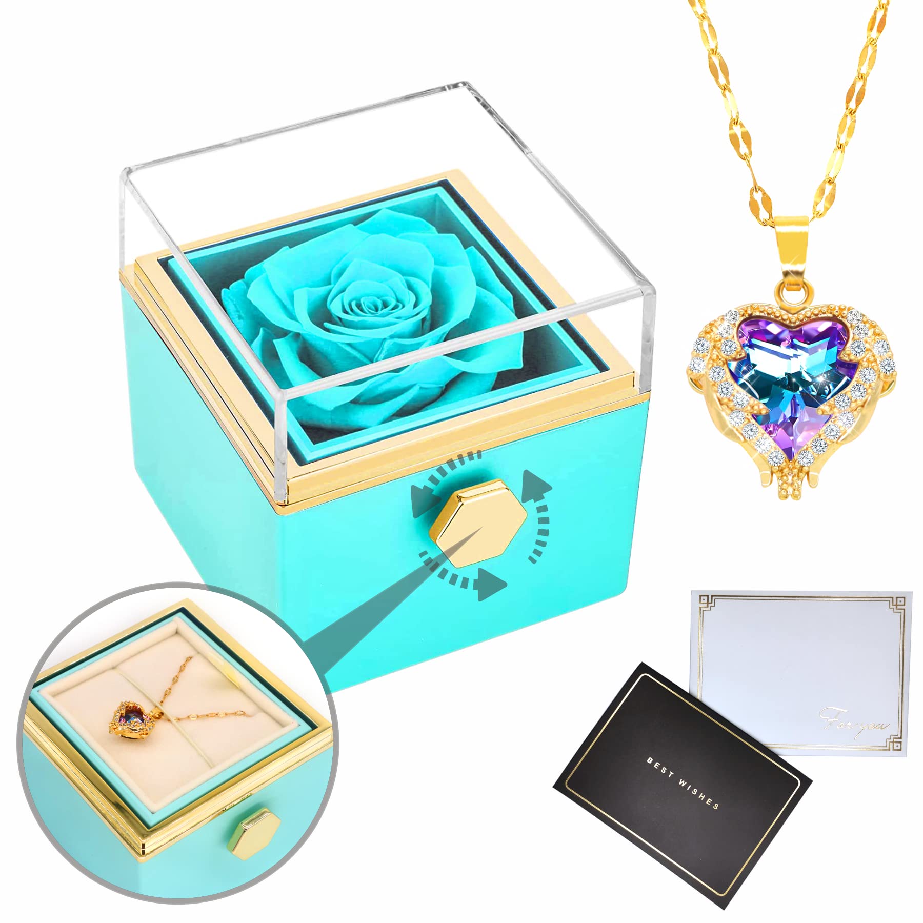 Preserved Real Rose Heart Necklace with Greeting Card - Tiffany Blue Jewelry Gift for Women, Mom, Wife, Girlfriend, Best Friend - Perfect for Birthday, Anniversary, Mother's Day, Valentine's Day, and Romantic Occasions