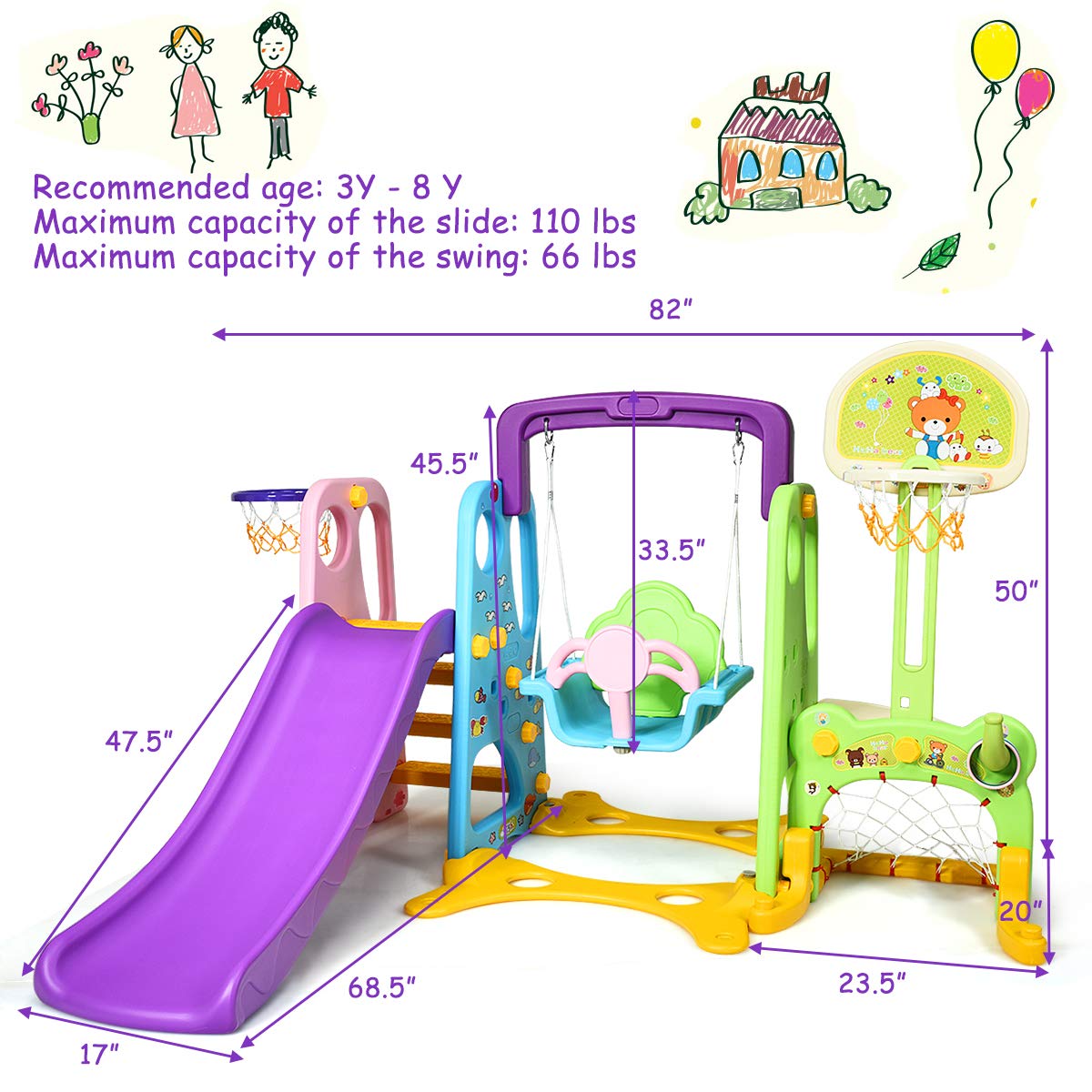 HONEY JOY 4-in-1 Toddler Swing and Slide Playset with Basketball Hoop - Extra Long Slide with Safety Buffer - Easy Assembly Indoor/Outdoor Climber for Kids Ages 2-5 - Perfect for Backyard, Playroom & Preschool Playground Activities