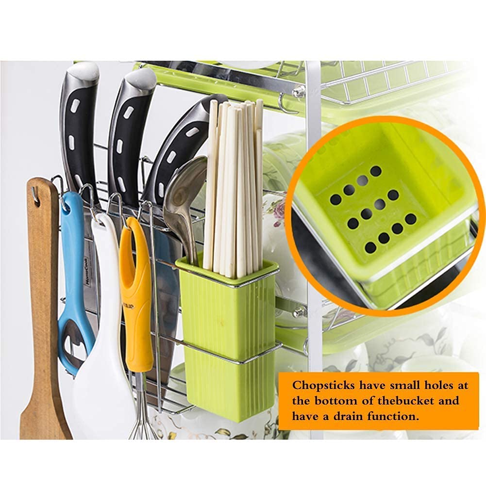 3-Tier Dish Drainer with Cup Holder - Kitchen Drain Rack & Cutlery Organizer (42x25x43cm) - Perfect for Countertop Tableware Storage and Drying Utensils, Forks, Spoons in Small Kitchens