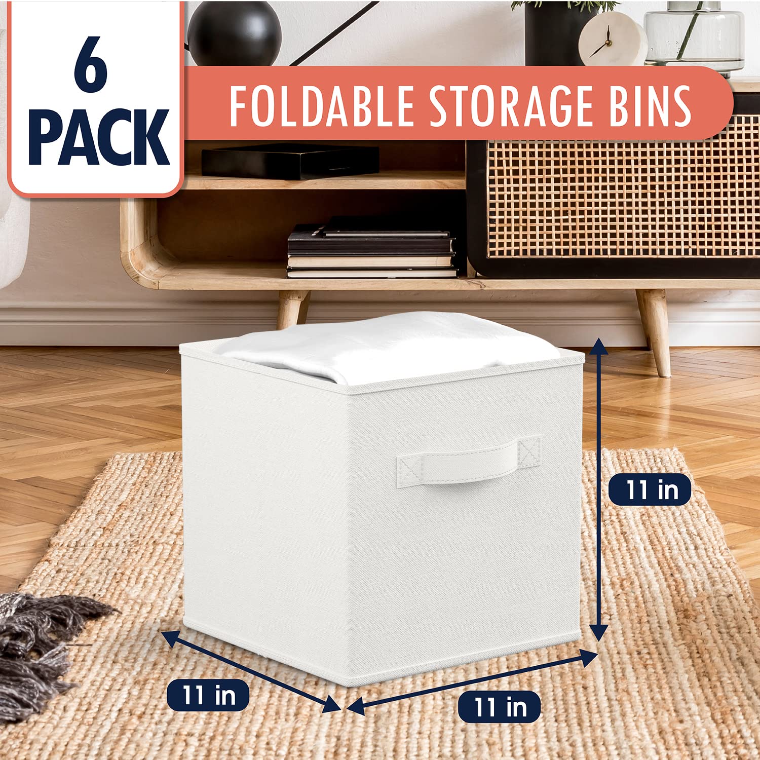 Ornavo 6-Pack Foldable Storage Bins with Handles - 11x11x11 Inch White Collapsible Cube Organizer for Home, Closet, Office & Nursery - Space Saving Storage Boxes for Shelves, Cabinets & Under Bed