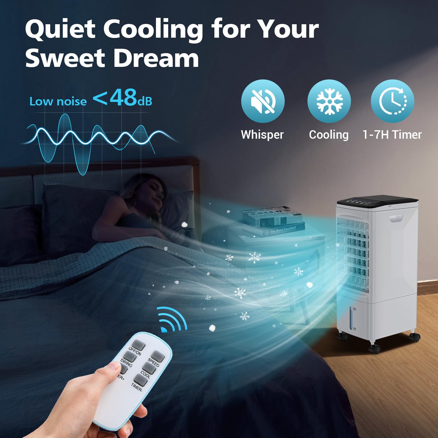 Portable Air Conditioner 3-in-1 Evaporative Air Cooler with Remote Control - 3 Speed Settings, 60° Oscillation, 1-7H Timer, 60W Energy Saving (Energy Class A++) - Perfect for Home, Office, Dorm & Small Spaces Cooling