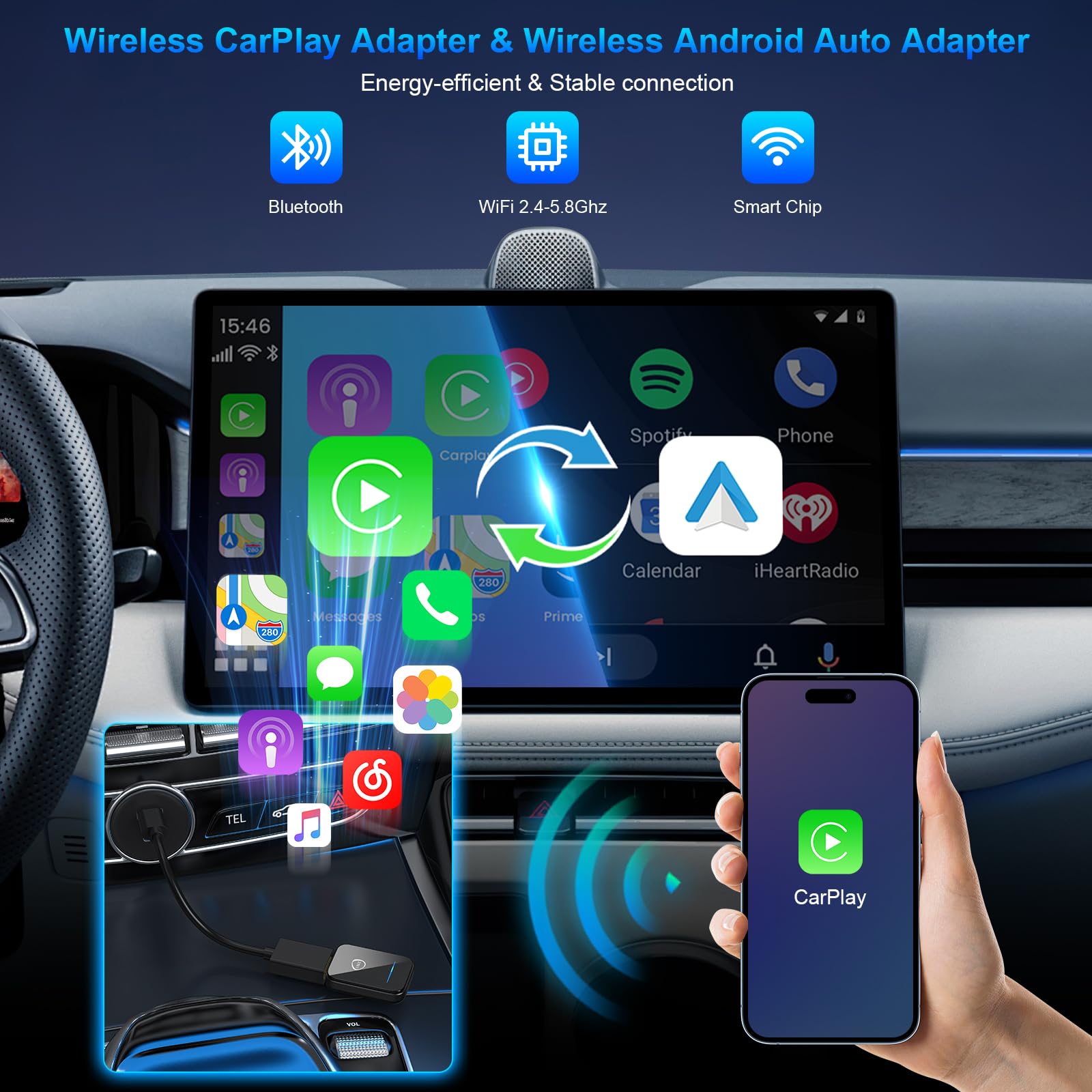 2025 Wireless CarPlay Adapter & Android Auto Dongle - Convert Wired to Wireless for iPhone & Android - Compatible with Factory OEM CarPlay Cars 2016+ - Auto Connect - Perfect for Commuting, Road Trips & Hands-Free Driving