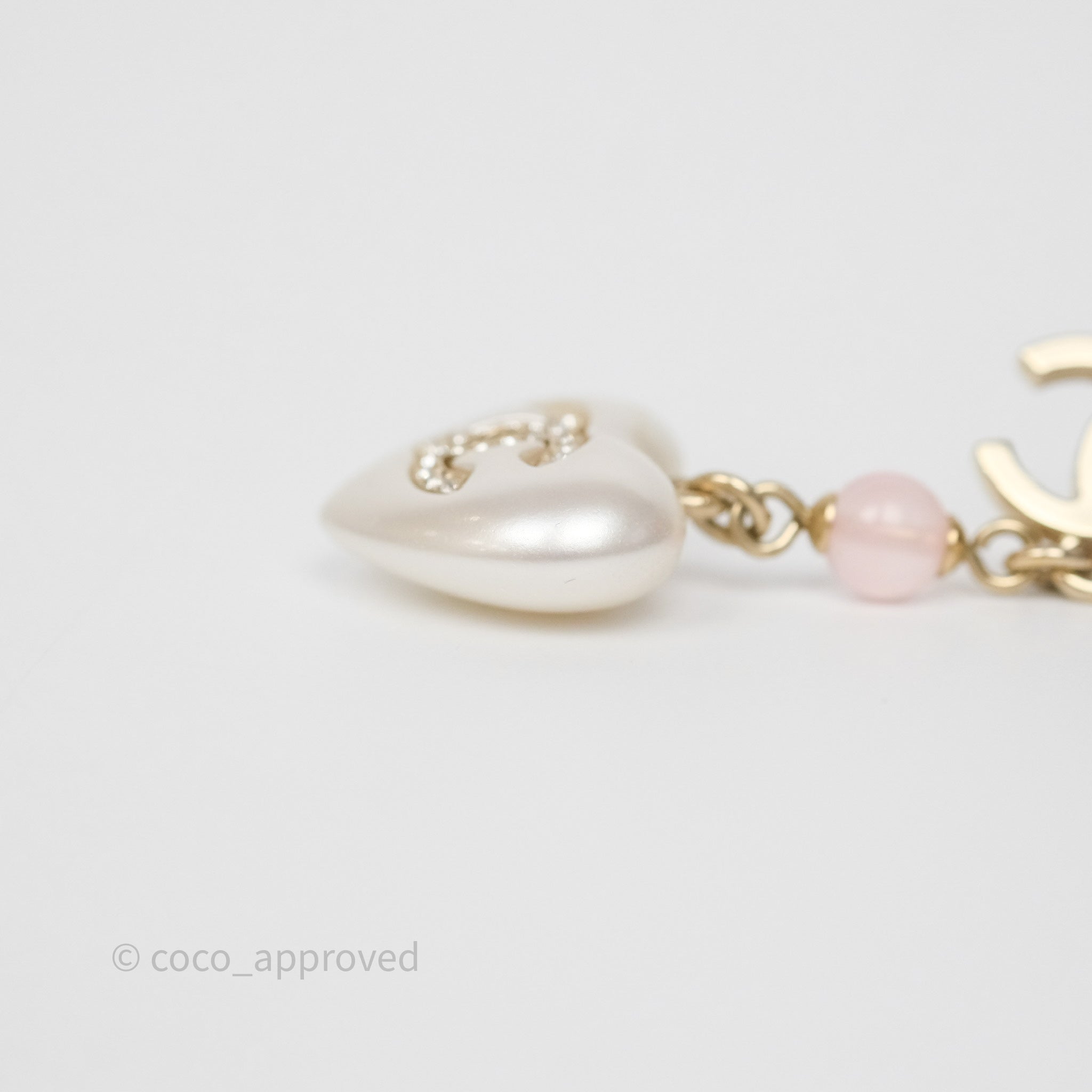 Chanel CC Pink Bead Heart Pearl Crystal Drop Earrings in Gold Tone - Elegant Luxury Jewelry for Women, Perfect for Parties, Weddings & Special Occasions