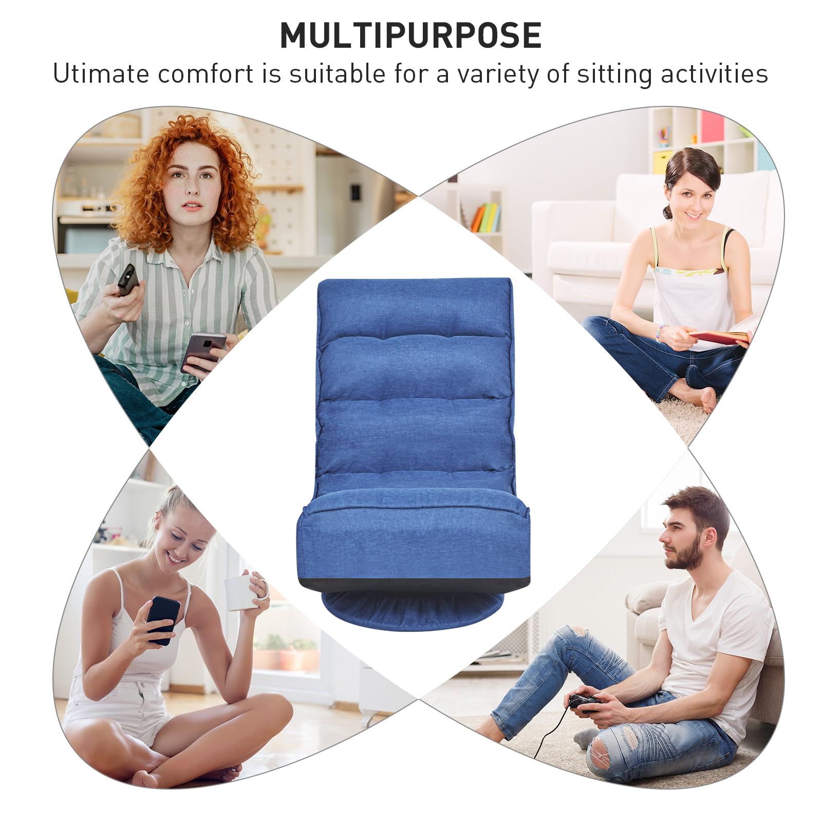 ErgoMaster Reclining Folding Floor Gaming Chair - 360° Swivel & 5 Adjustable Positions with Tufted Cushions for Home Office, Living Room, Bedroom - Perfect for Gaming, Working, Reading & Relaxing (Blue)