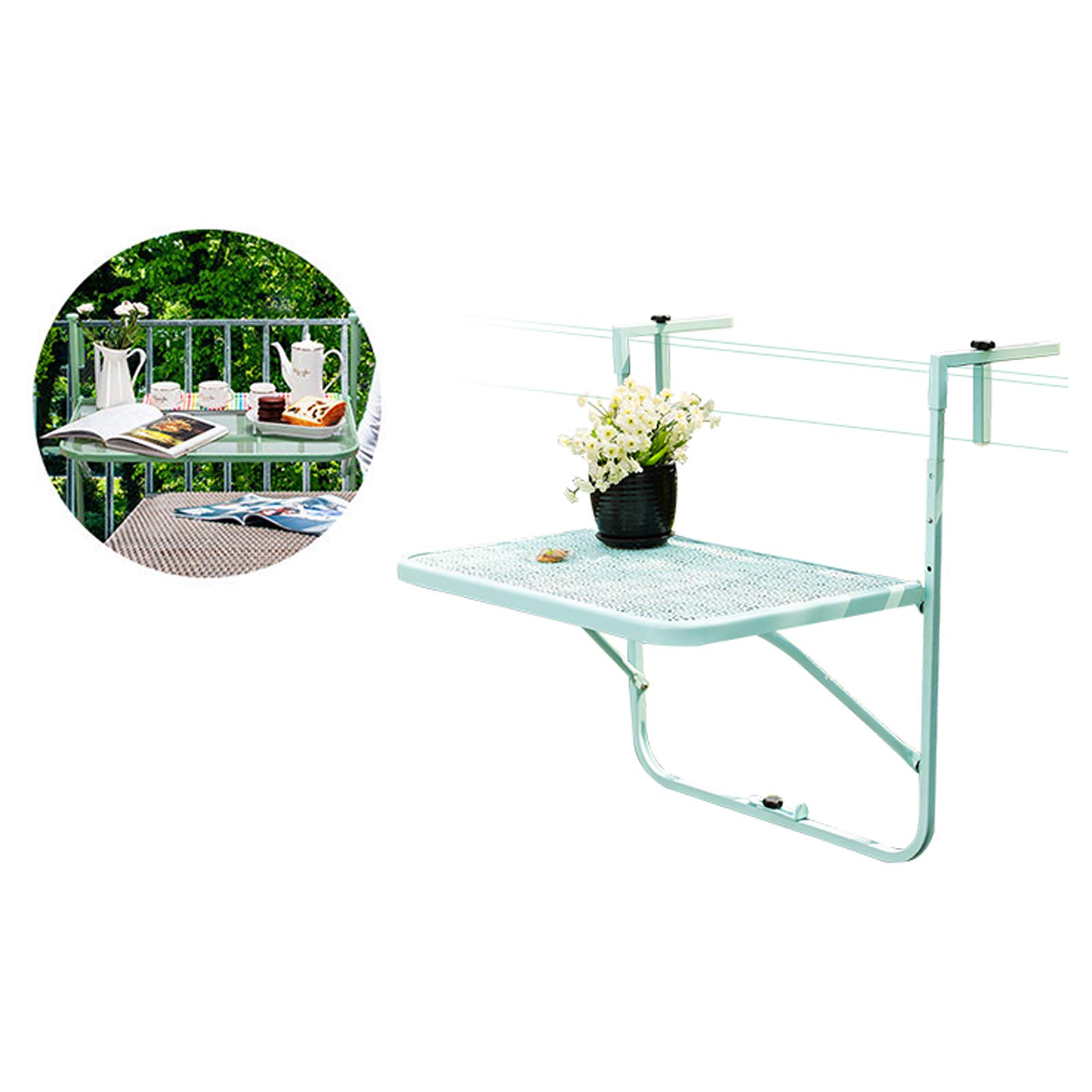 **Hanging Balcony Dining Table - Adjustable Folding Metal Patio Railing Side Table for Outdoor Garden, Balcony & Small Spaces - 60x40cm, 3-Tier Floating Coffee Table Stand - Perfect for Dining, Relaxing & Plant Display (Green)**