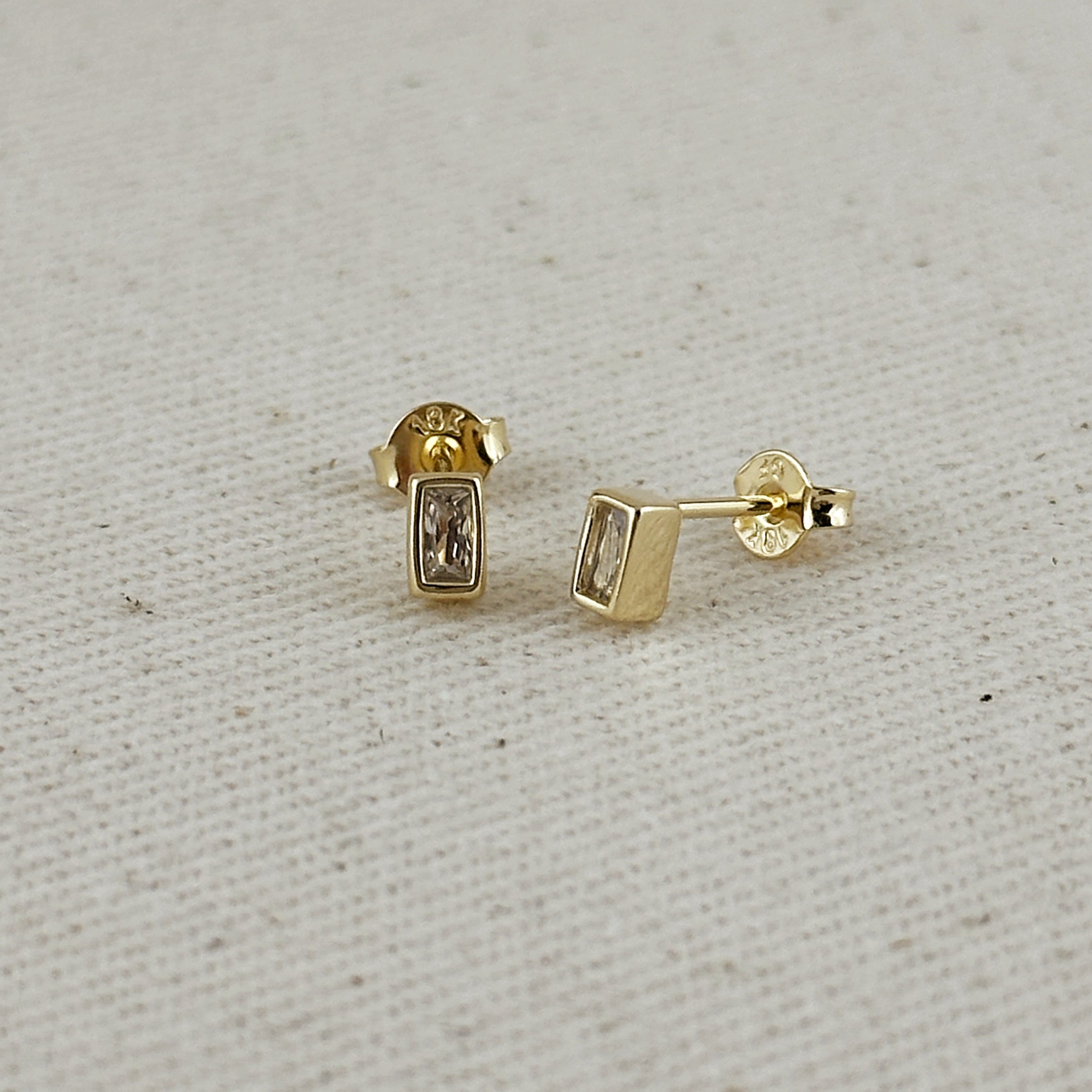 18k Gold Filled Mini Bezel Baguette Stud Earrings for Women - Dainty Cubic Zirconia CZ Earrings - Elegant Everyday & Party Jewelry Gift