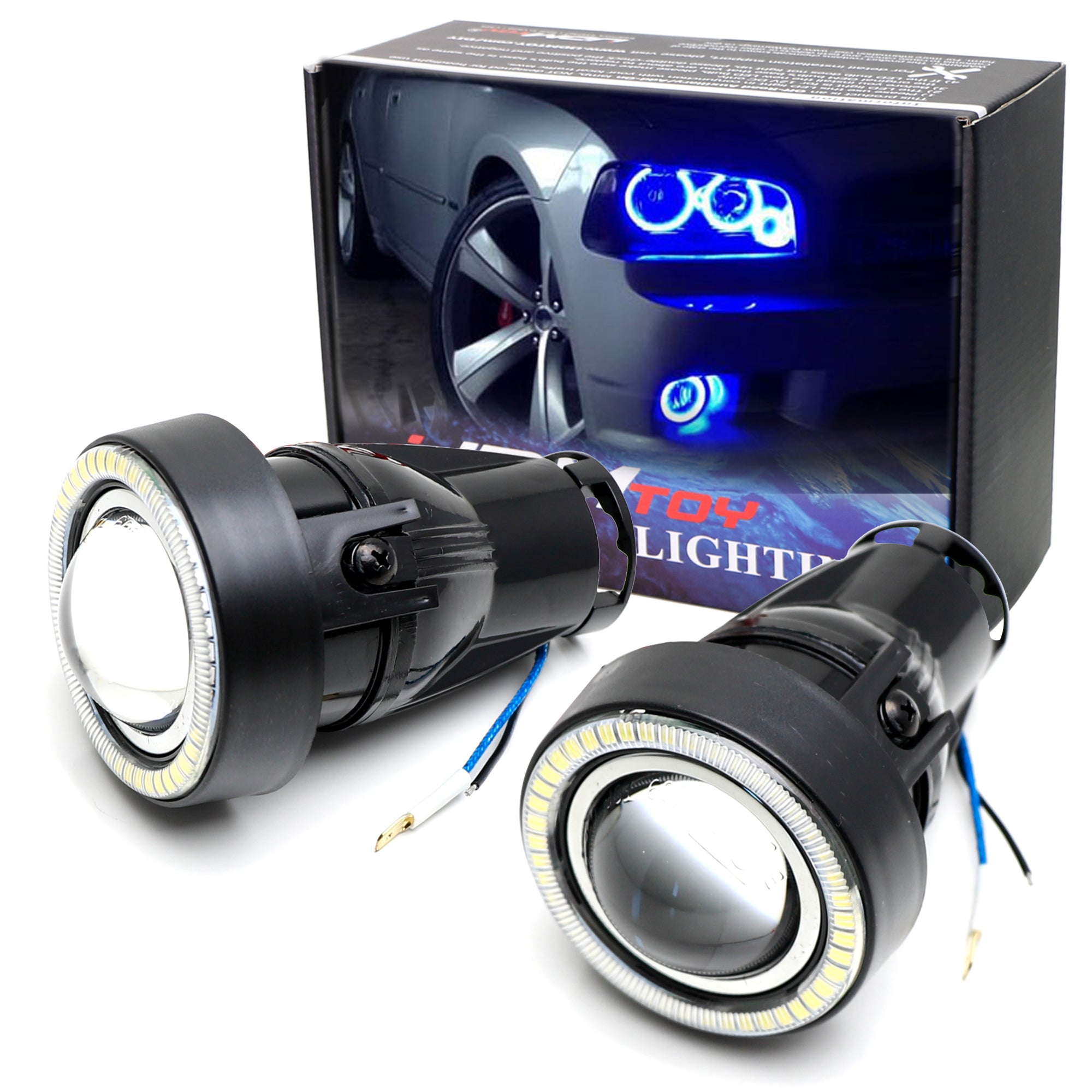 3-Piece Projector Fog Light Kit with Black Shroud - 40 SMD Blue LED Halo Ring & Angle Rings for Cars, Trucks, SUVs - Upgrade Your Nighttime Driving Visibility & Style