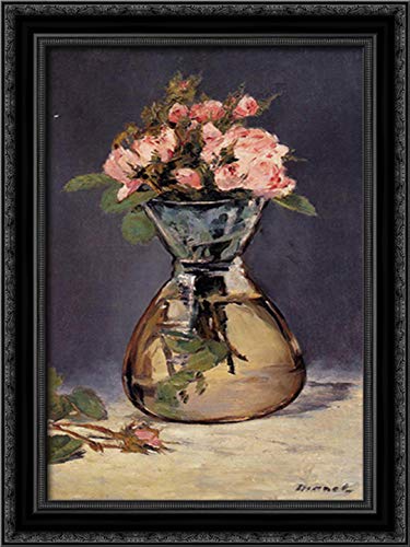Edouard Manet Framed Canvas Art - Moss Roses in Vase 18x24 Black Ornate Wood Wall Decor | Perfect for Living Room, Bedroom & Office Décor