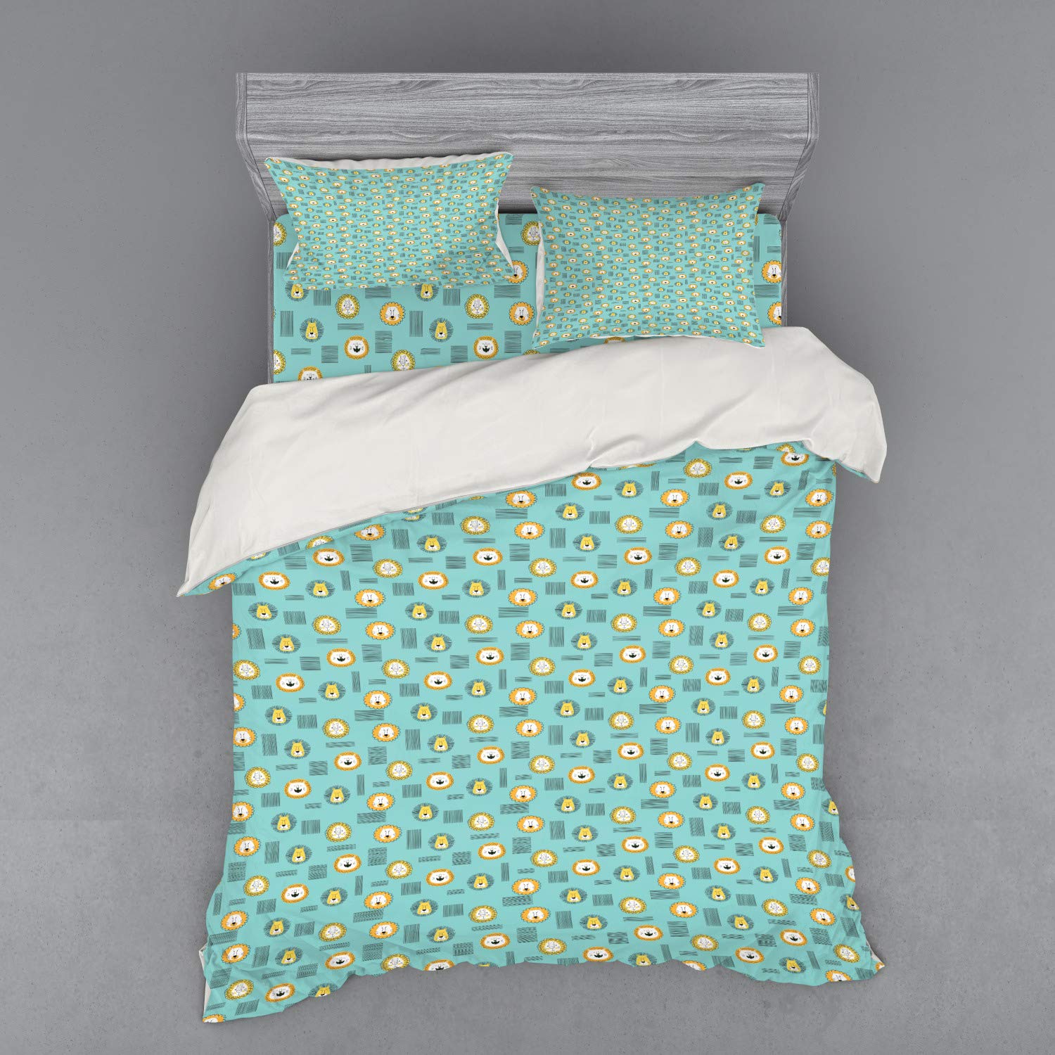 Ambesonne Cartoon Lion Duvet Cover Set - 3 Piece Queen Size Bedding with Sham & Fitted Sheet - Seafoam Mustard Animal Print Design - Perfect for Kids' Rooms, Nursery Decor & Jungle Themed Bedrooms
