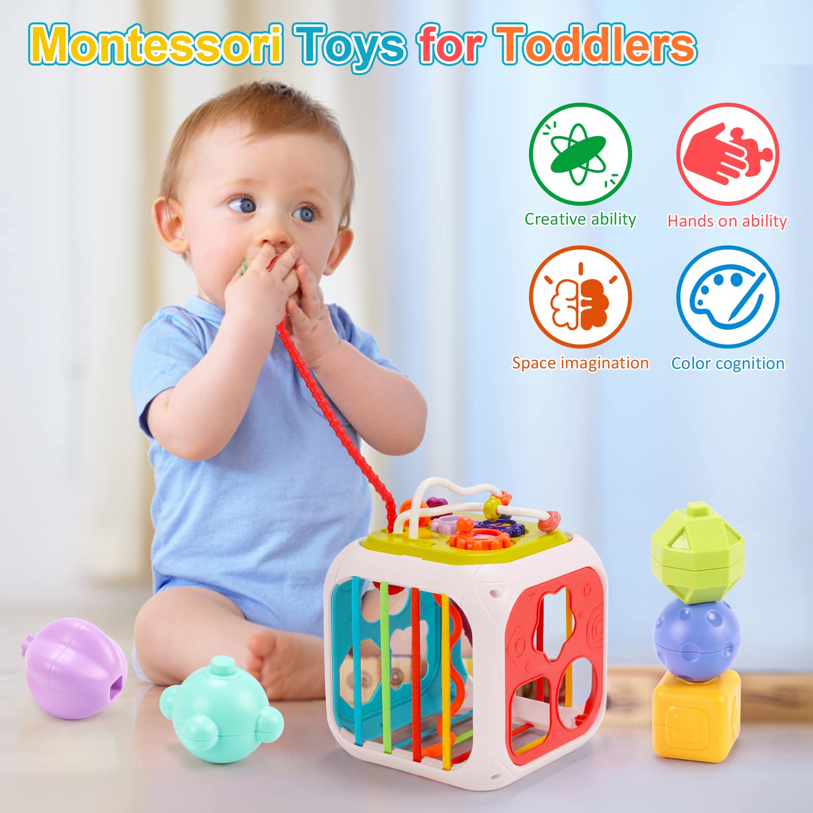 QIZEBABY 7-in-1 Montessori Activity Cube with Baby Blocks - Sensory Learning Toys for Toddlers 6-18 Months, Developmental Toys for 1-2 Year Old Boys & Girls - Perfect for Playtime, Early Education & Birthday Gifts