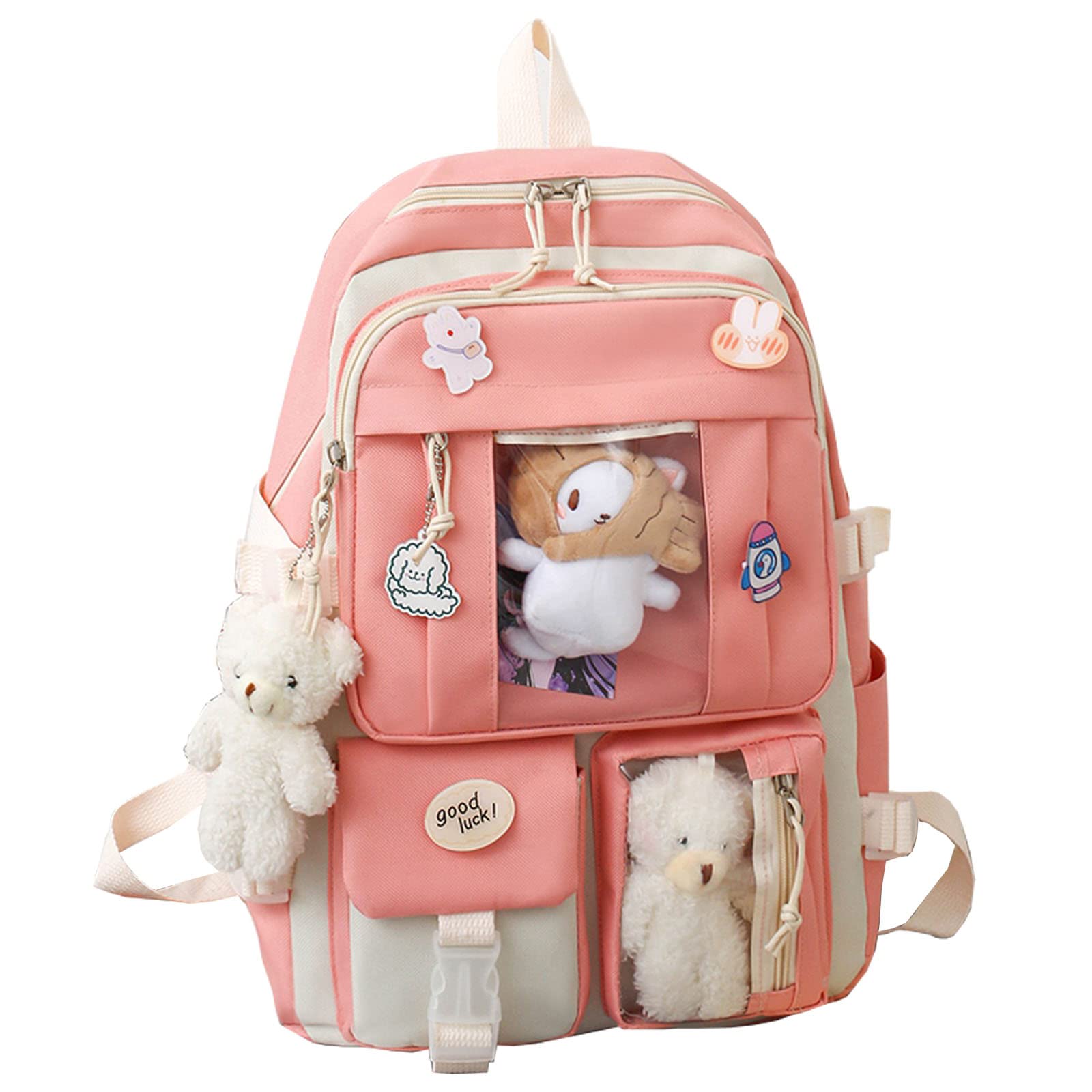 Preppy Kawaii Backpack for Girls with Pin & Accessories - Pink School Bag for Cute Aesthetic Style