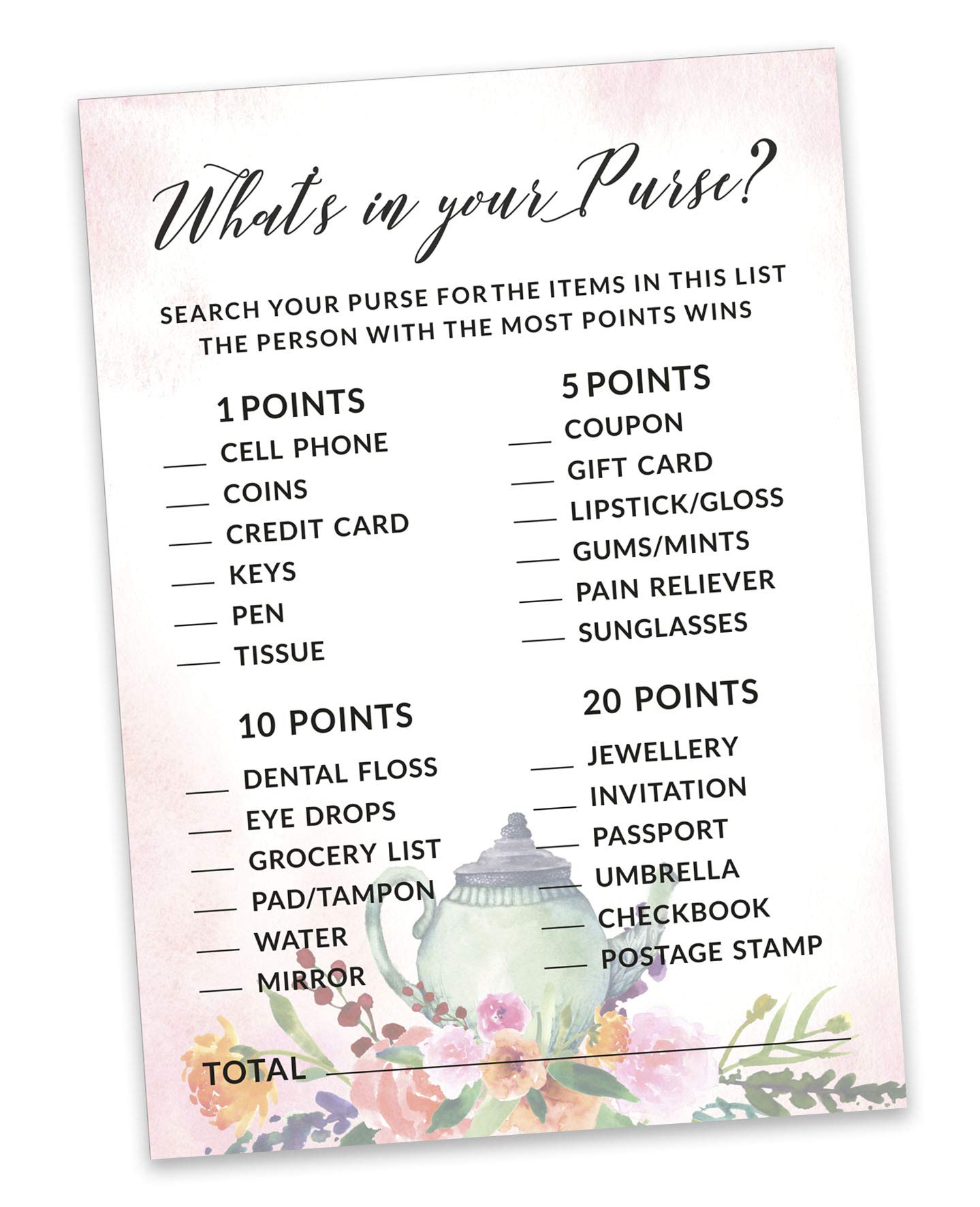 Bachelorette Party Game Cards - 50-Pack 'What's in Your Purse' Bridal Shower Activity for Wedding Showers & Tea Parties - Fun Group Games for Girls Night Out
