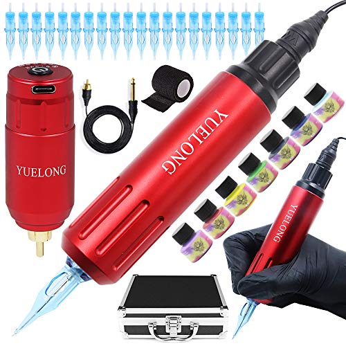 Professional Wireless Tattoo Pen Kit - Yuelong Cartridge Rotary Tattoo Machine with RCA Wireless Power Supply, 20Pcs Cartridge Needles & Accessories (Portable Case Included) | Perfect for Tattoo Artists, Beginners & Studio Use