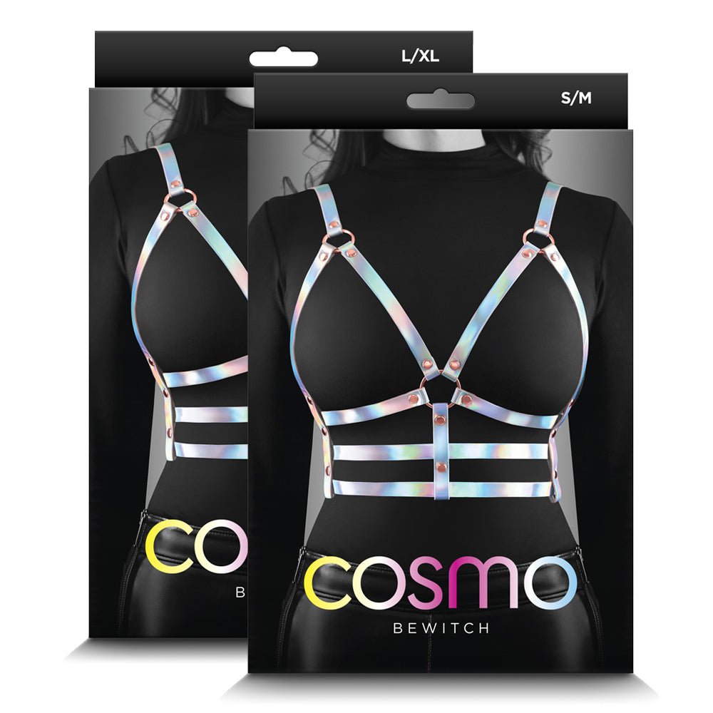 Cosmo Bewitch Holographic Rainbow Strappy Chest Harness - Edgy Gothic Fashion Accessory for Rave, Festival, and BDSM Outfits