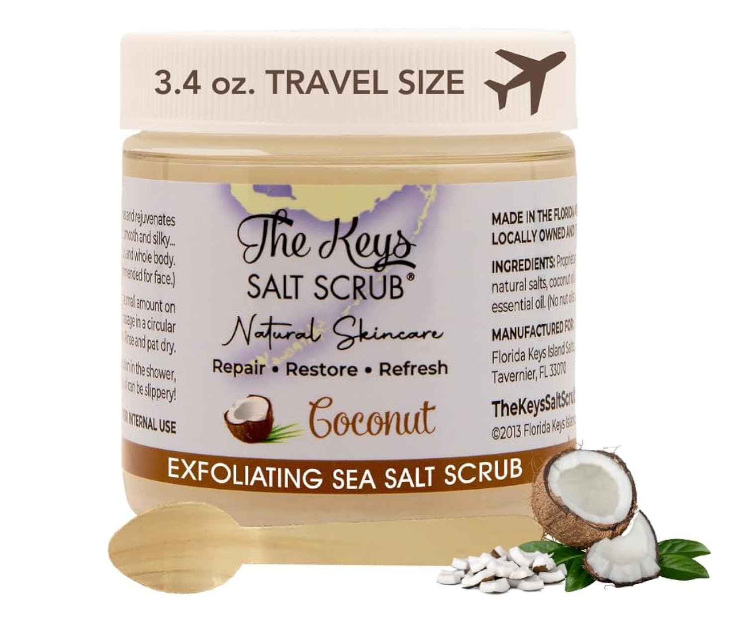 Organic Coconut Sea Salt Scrub - Natural Exfoliating Body Scrub for Face, Hands & Feet with Wooden Spoon - Moisturizing Skin Care for Men & Women - Perfect for Spa, Bath & Bikini Area (3.4oz)