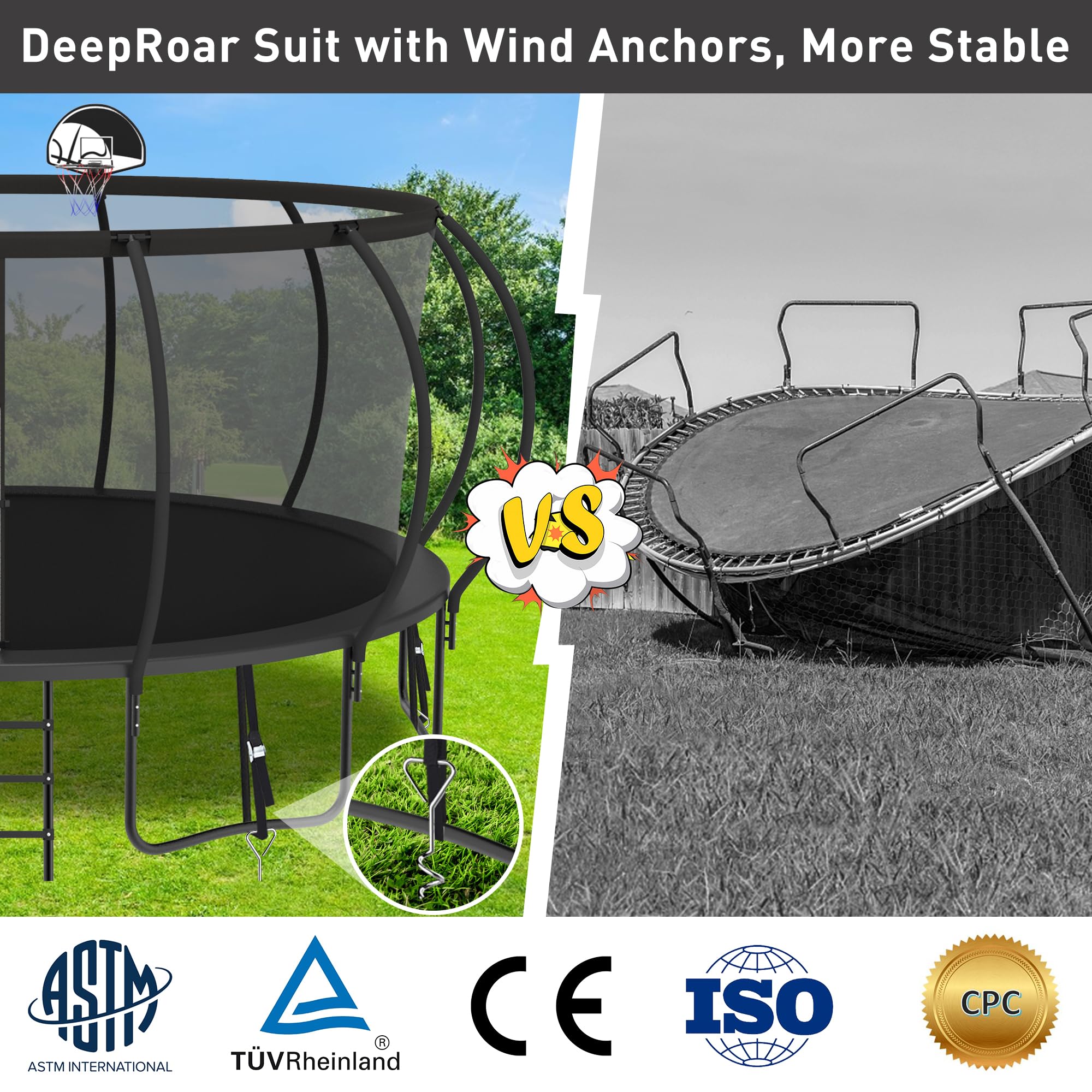 DeepRoar 8FT-16FT Heavy Duty Outdoor Trampoline with Safety Enclosure Net - ASTM Approved Kids Trampoline with Basketball Hoop, LED Lights, Sprinkler & Socks - Perfect for Backyard Fun, Exercise & Family Outdoor Activities