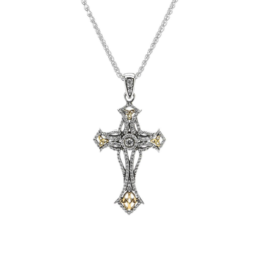 10k Gold & Sterling Silver Celtic Cross Pendant with Cubic Zirconia - Elegant Religious Jewelry for Women, Perfect for Church, Weddings & Special Occasions