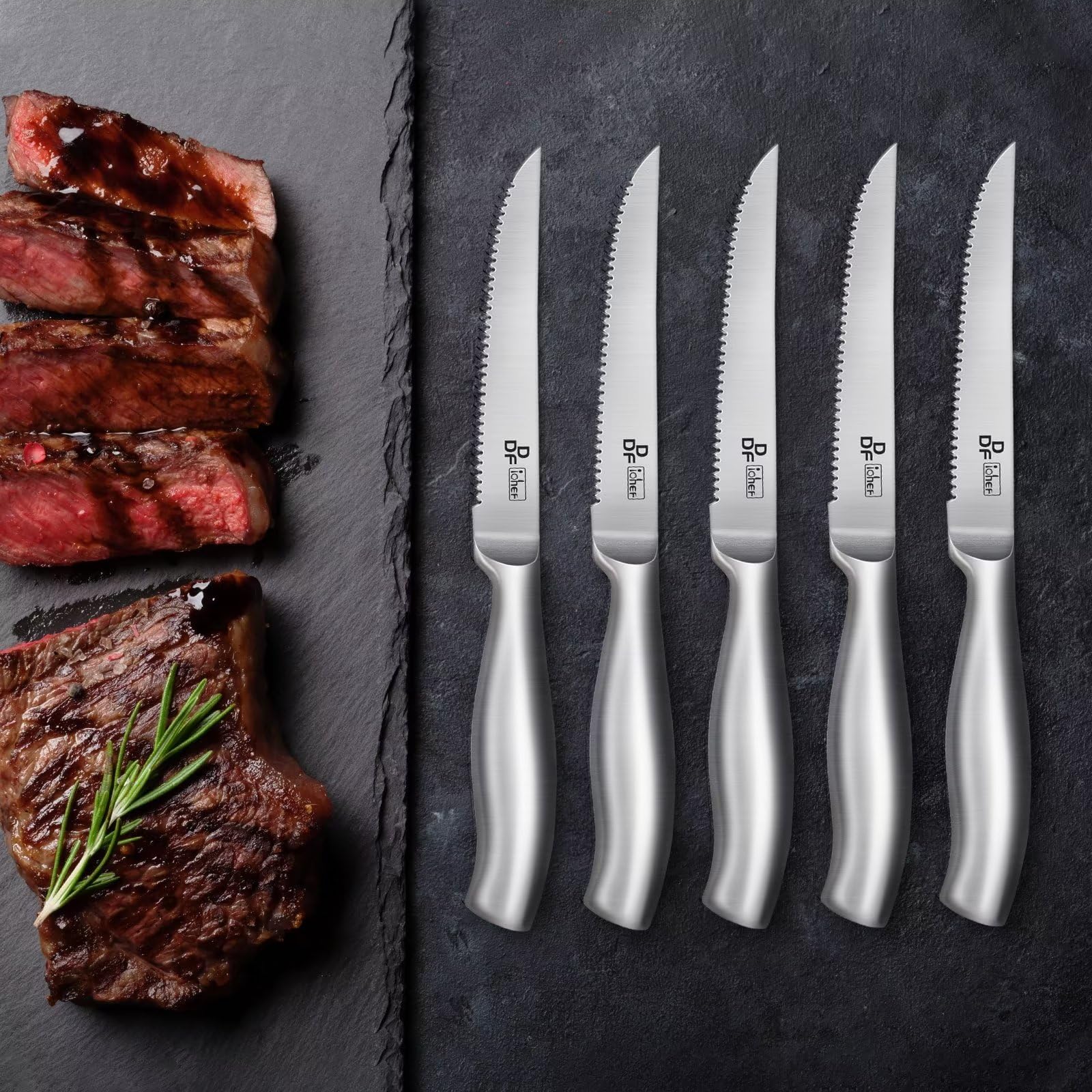 Premium DDF iohEF Steak Knife Set - 6-Piece High Carbon Japanese Stainless Steel Serrated Knives for Steak, Meat & BBQ - Perfect for Dinner Parties, Restaurants & Home Kitchens