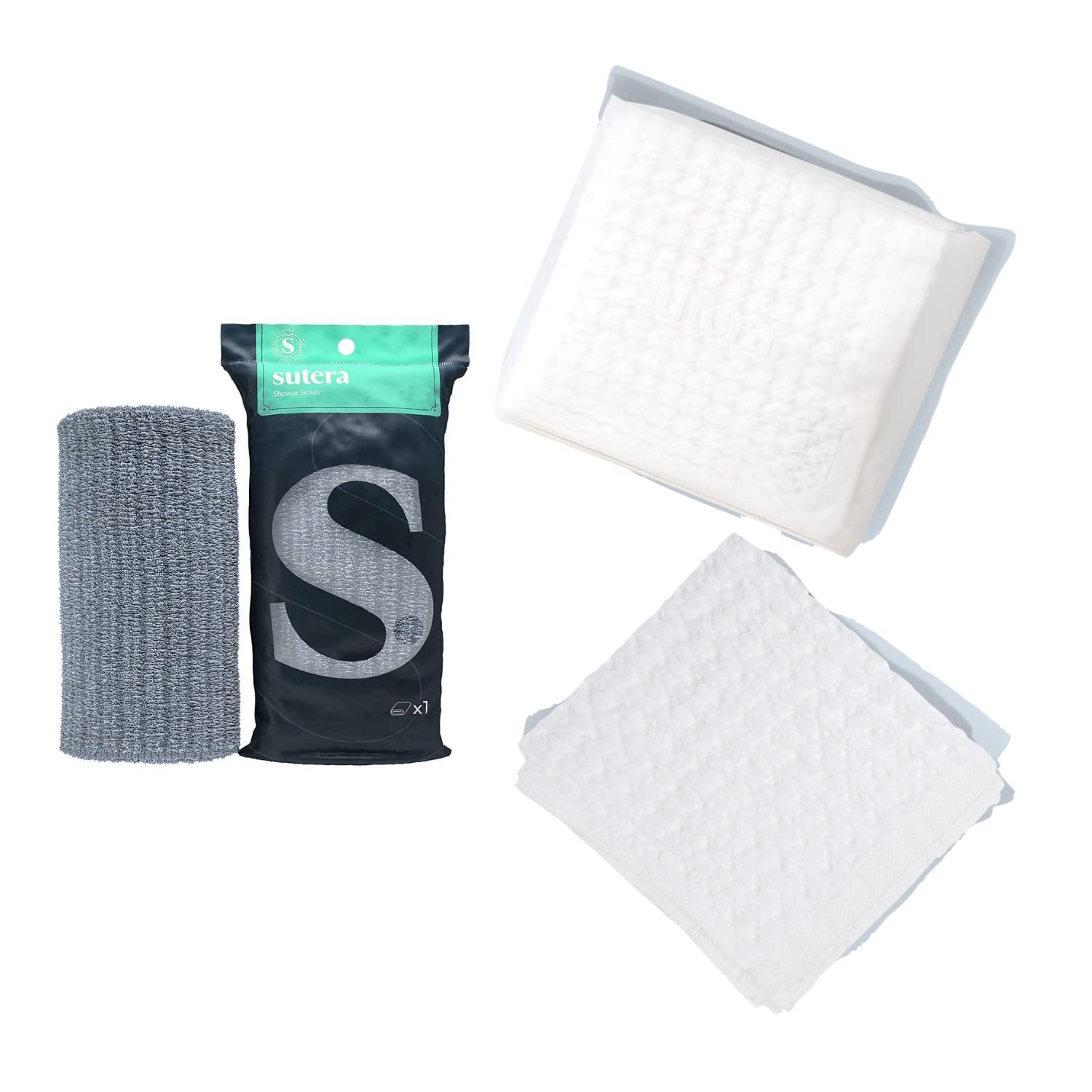 Exfoliating Shower Towel & Waffle Bath Towel Set - Gray & White Bundle for Spa, Bath & Skin Care | SUTERA Luxury Bath Accessories