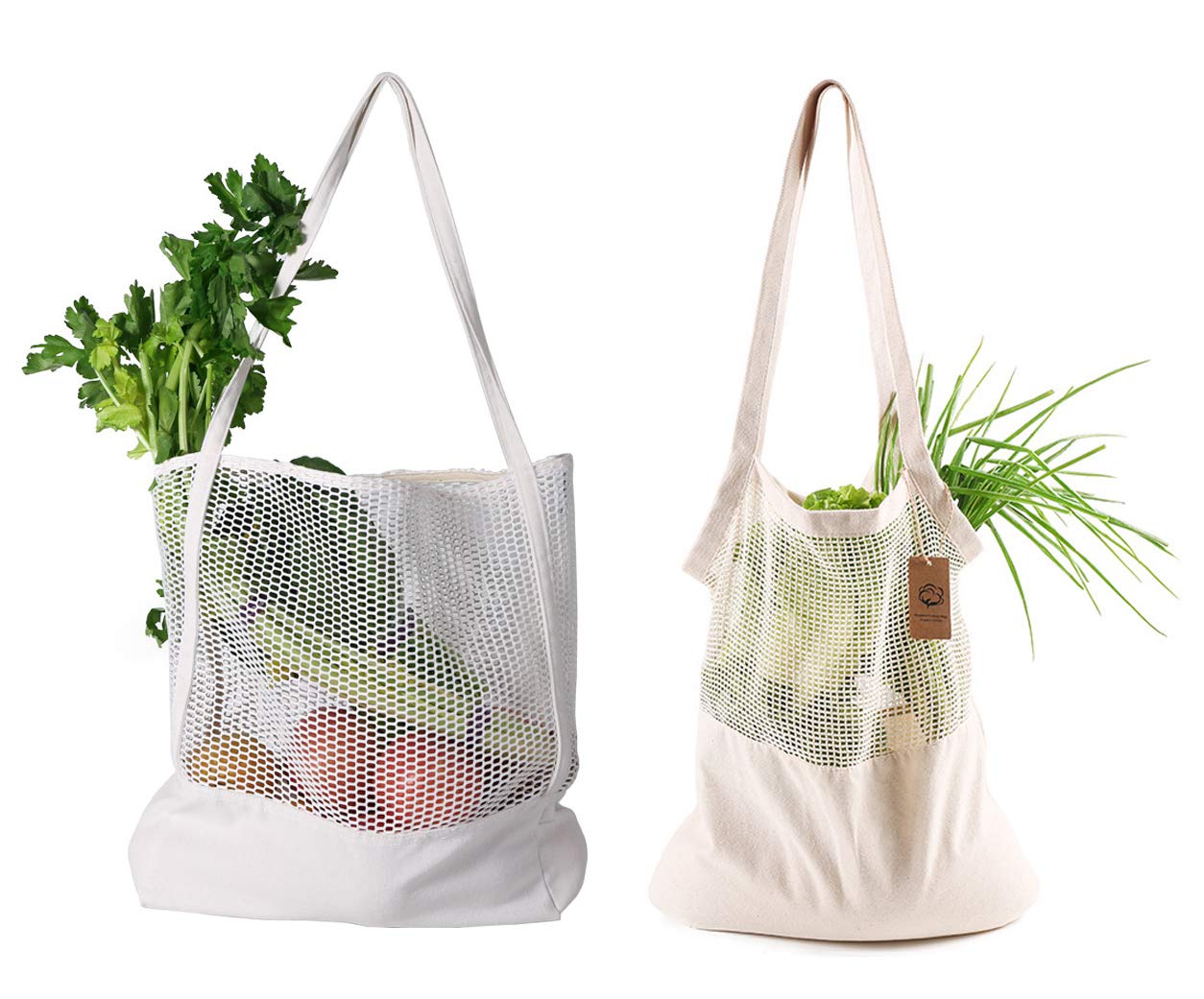 Eco-Friendly Long Handle Reusable Grocery Bags - Washable Cotton Mesh Stretchy Shopping Bags for Fruits, Vegetables, Beach & School | Sustainable Market Tote for Groceries, Picnics & Daily Errands