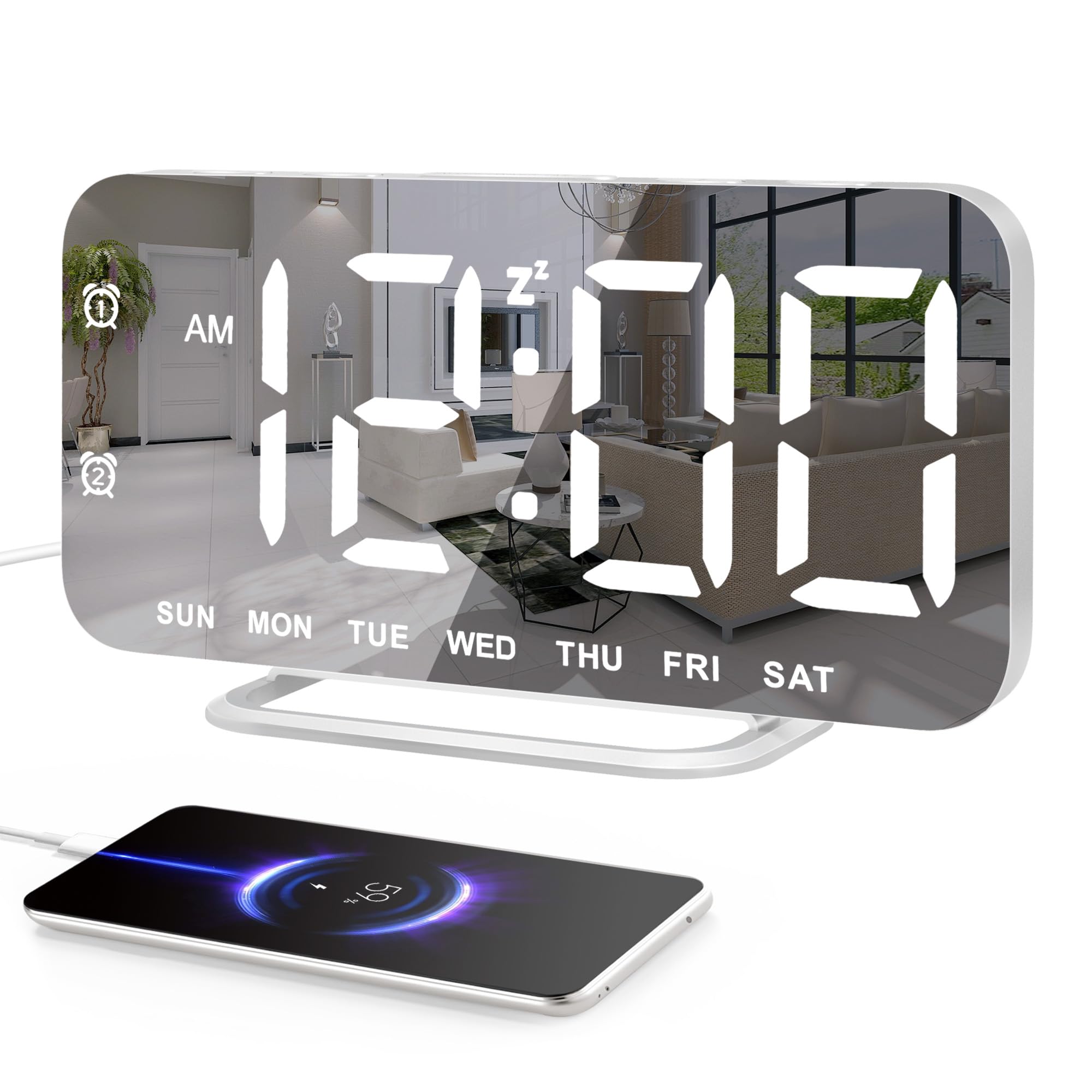 Slim LED Digital Alarm Clock with Mirror Surface - Large Display, Dimmable, Easy Setup, USB Ports - Perfect for Makeup, Bedroom, Desk - Great Christmas & Birthday Gift for Women, Daughter, Girls - White
