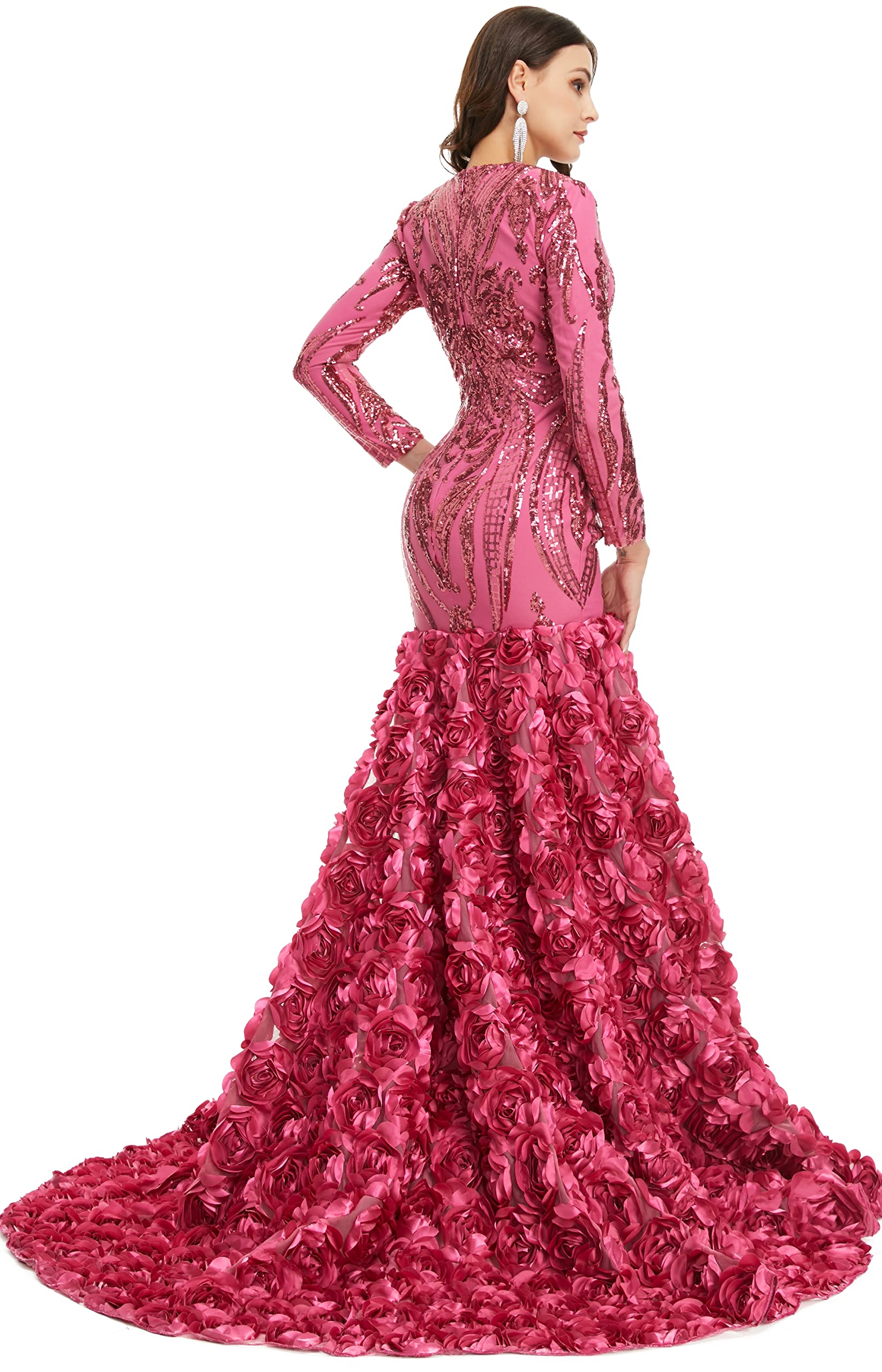Elegant Women's Long Sleeve V-Neck Rose Sequin Mermaid Evening Dress for Prom, Party & Special Occasions