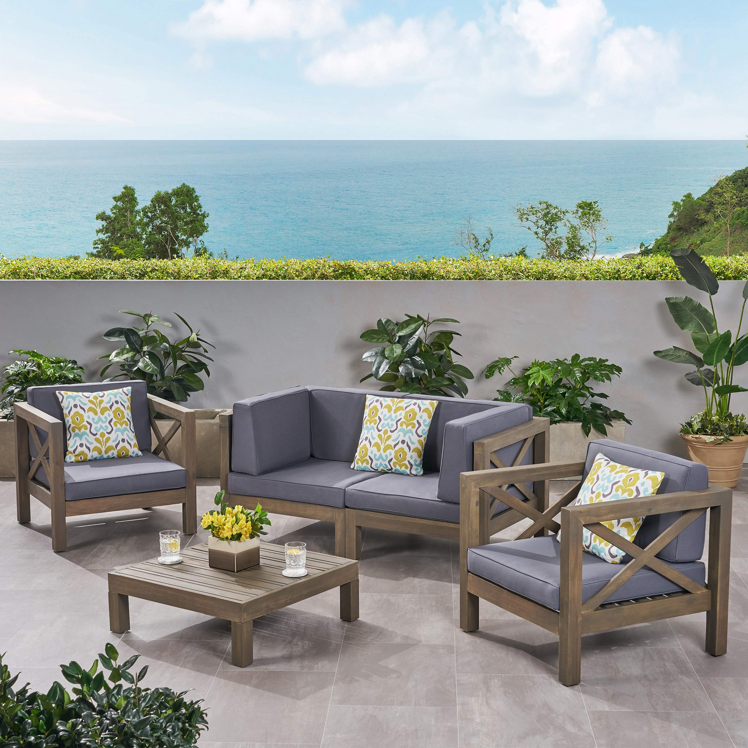 Noble House Brava 5-Piece Outdoor Acacia Wood Loveseat Set in Gray - Durable Patio Furniture for Garden, Poolside & Backyard Relaxation