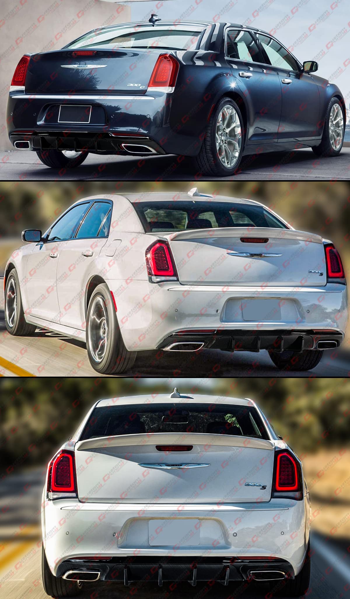 Gloss Black Shark Fin Rectangle Exhaust Rear Bumper Diffuser for 2015-2022 Chrysler 300 - Performance Upgrade & Stylish Enhancement for Street Racing & Car Shows