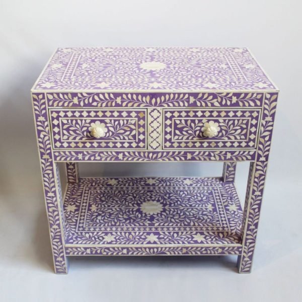 Handmade Bone Inlay Nightstand - Lavender Floral Design 2-Drawer Bedside Table for Bedroom Decor & Storage