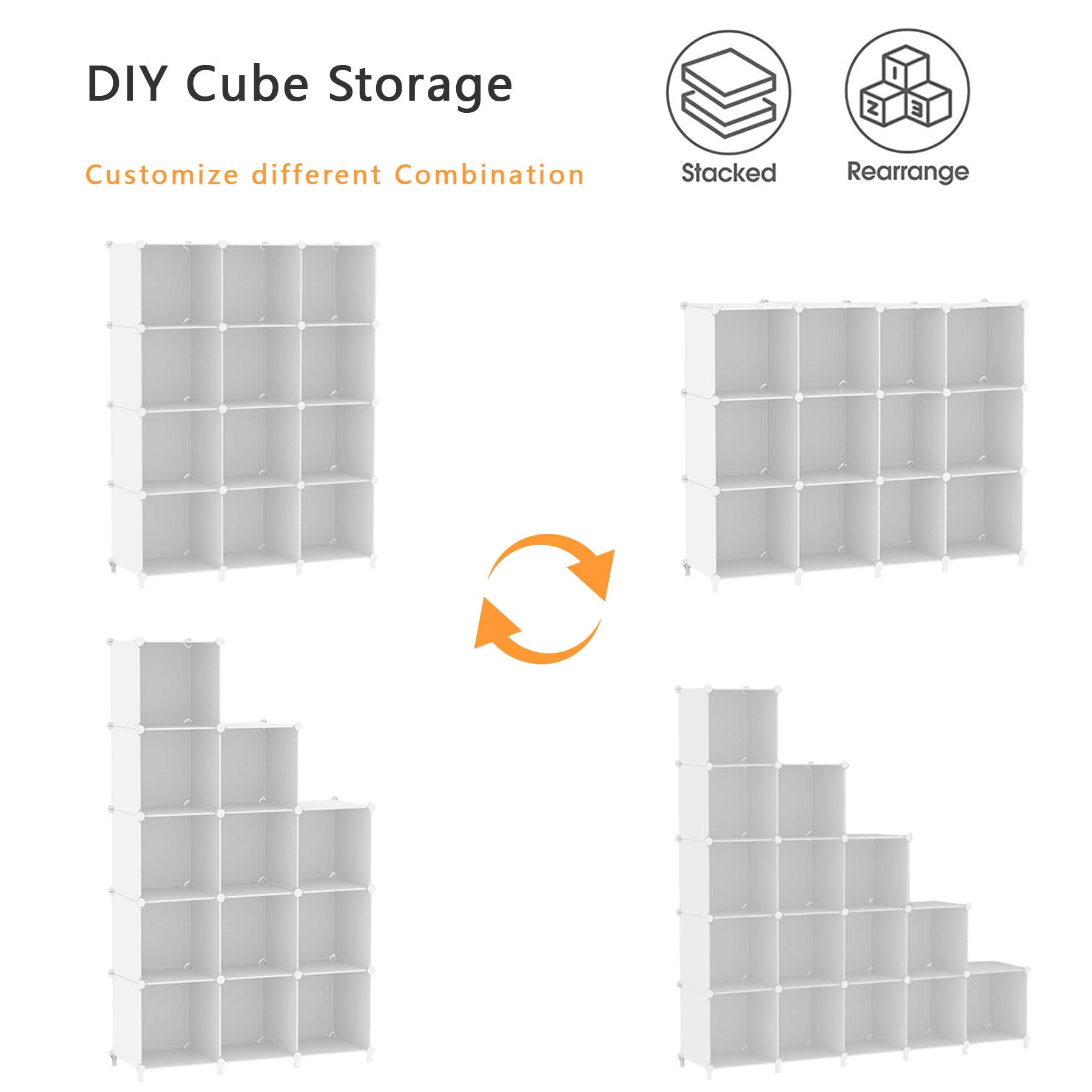 12-Cube Storage Organizer - Stackable DIY Closet Shelves for Home & Bedroom Organization - White