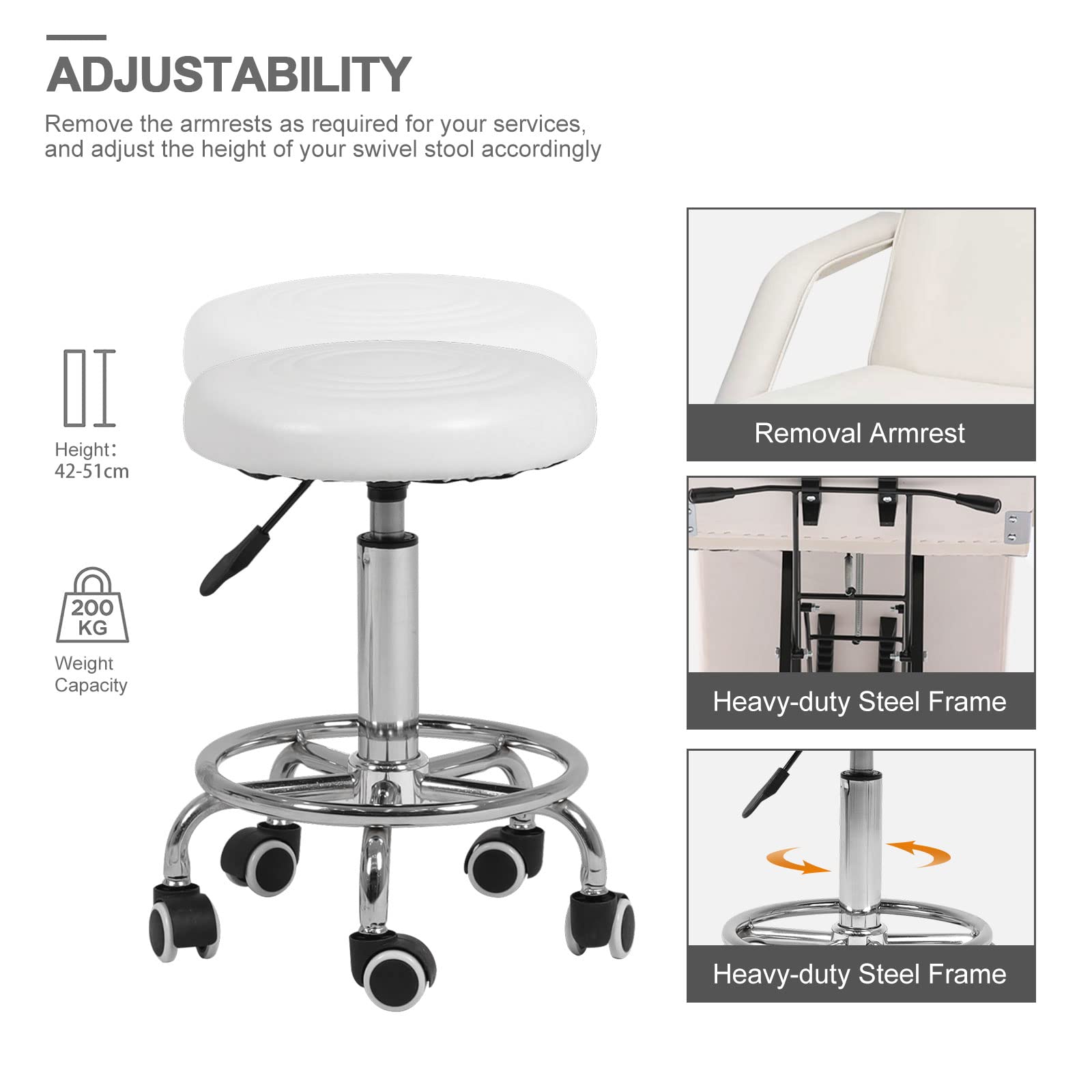 Vanimeu White Adjustable Massage Table with Stool - 3-Section Salon Tattoo Lash Bed, Removable Armrests & Headrest for Spa, 185x85x65cm - Perfect for Massage Therapy, Beauty Salon, Tattoo Parlor & Home Use