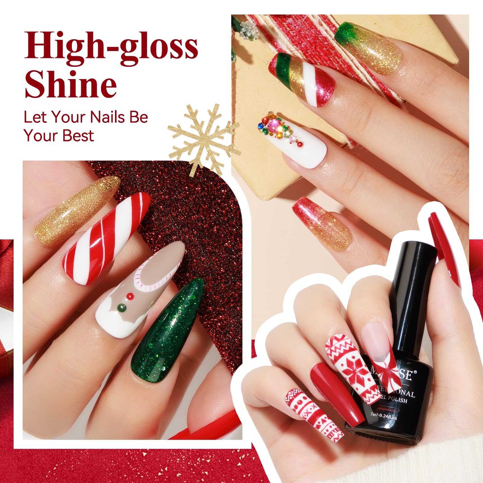 MIZHSE 6 Colors Gel Nail Polish Set - Sparkle Green Glitter, Gold, Silver, Dark Green & Red Soak Off Nail Art Kit | Home Manicure & Party Nails | Perfect Christmas & New Year Gifts for Women