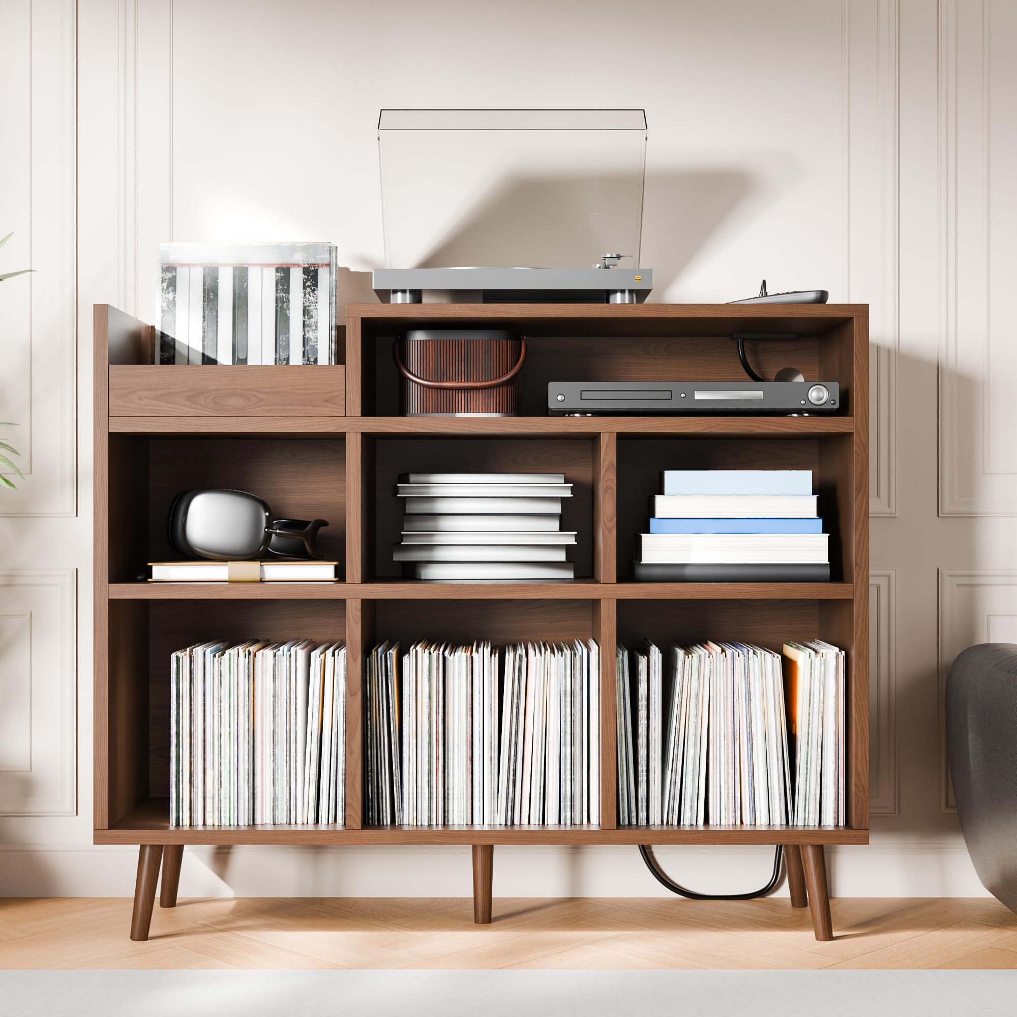 Cozy Castle Record Player Stand - Vinyl Storage Shelf for 500+ Albums, Turntable Cabinet with Power Outlet & Sideboard Storage - Perfect for Living Room, Home Theater & Music Room Decor - Brown