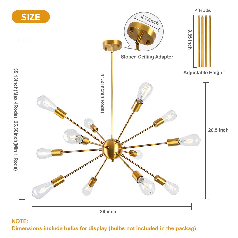 LynPon Sputnik Chandelier - 12-Light Modern Brass Gold Pendant Ceiling Light Fixture for Industrial Style Kitchen, Dining Room, Living Room & Bedroom | Perfect for Farmhouse, Loft & Mid-Century Modern Decor