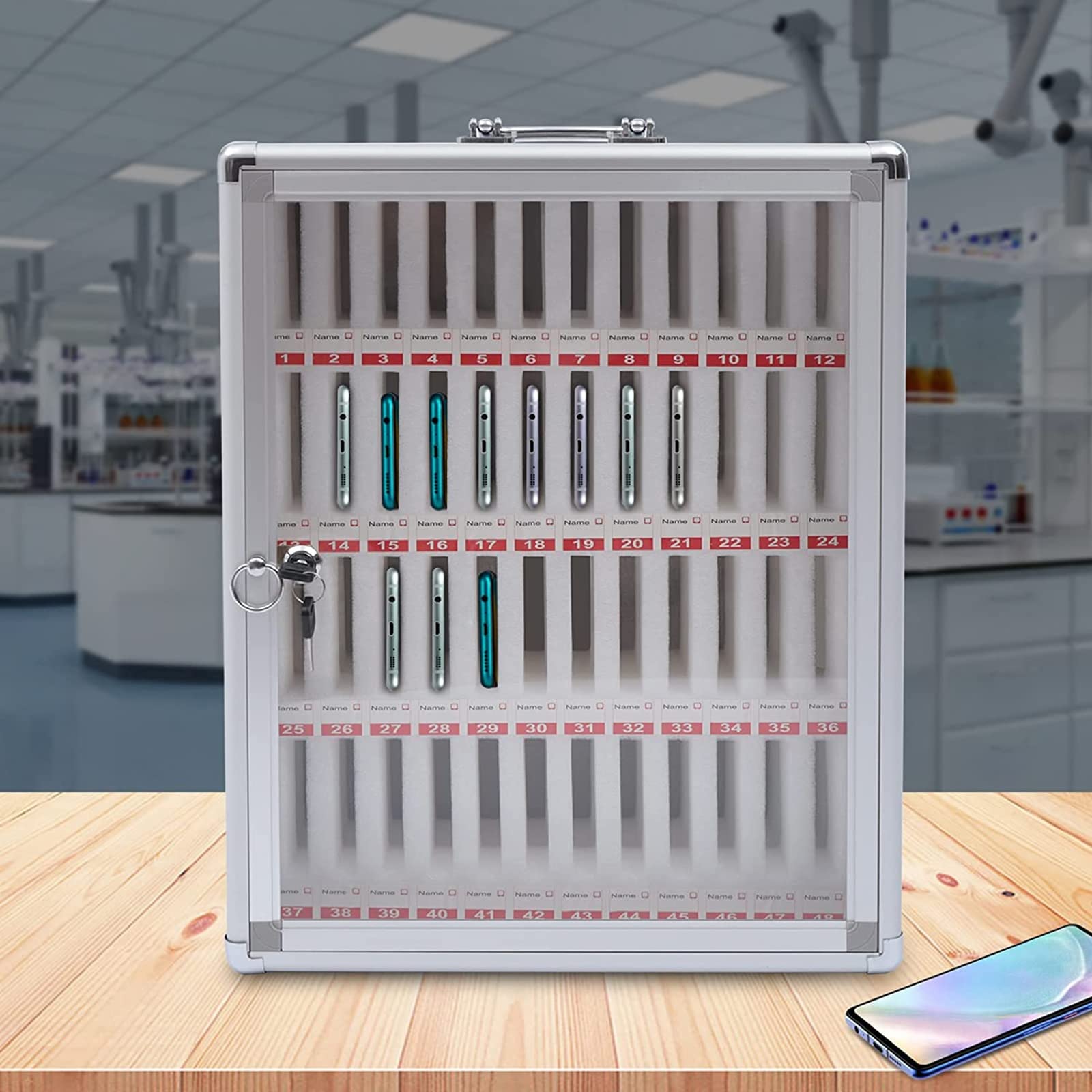 KEPMOGOH 48-Slot Aluminum Alloy Wall-Mounted Phone Storage Cabinet with Lock - Portable Organizer for Cell Phones (40x20x49cm) - Perfect for Retail Stores, Salons, and Office Organization