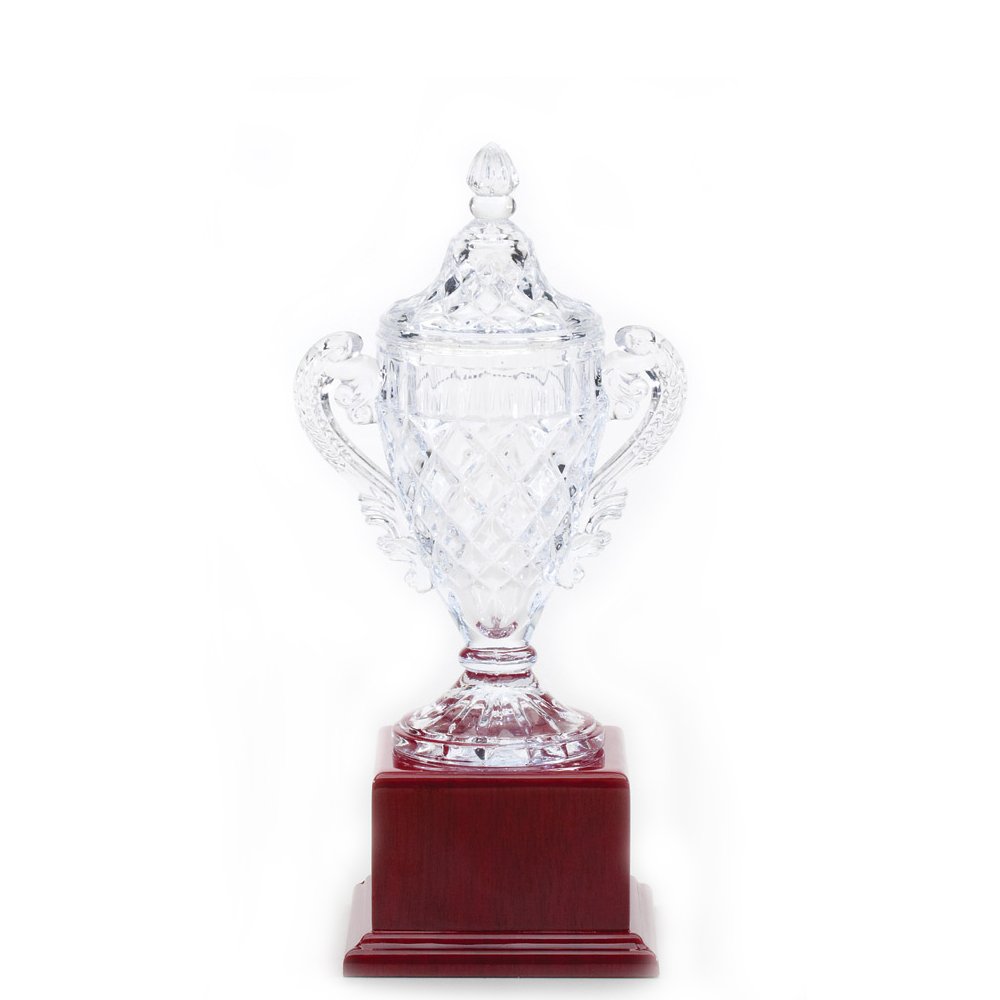 Custom Engravable Lead Crystal Trophy Cup with Rosewood Base - 11.5 Inch Achievement Award for Corporate Recognition, Sports Awards & Special Events