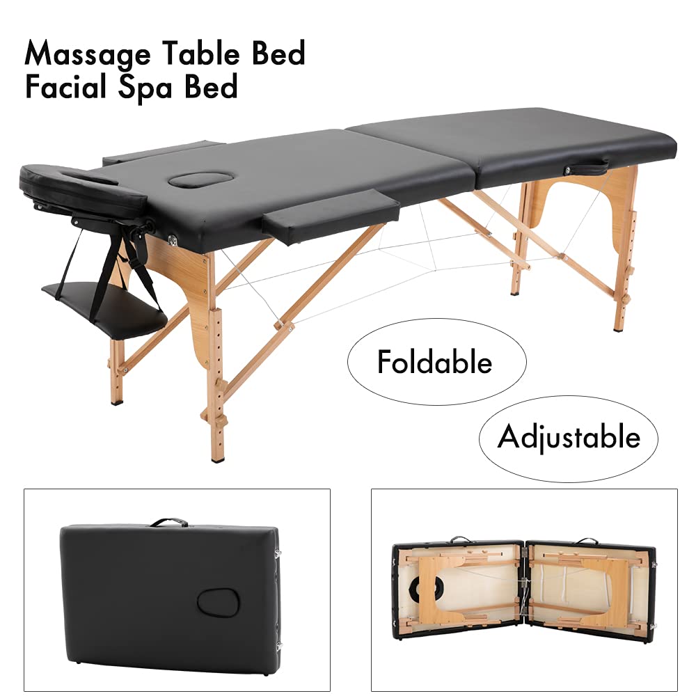 Portable Massage Table - Adjustable 2-Fold PVC Leather Spa Bed with Beech Stands & Carrying Case, 73in Salon Massage Therapy Table for Home, Clinic & Professional Use (Black) - Perfect for Massage Therapists, Chiropractors & Spa Treatments