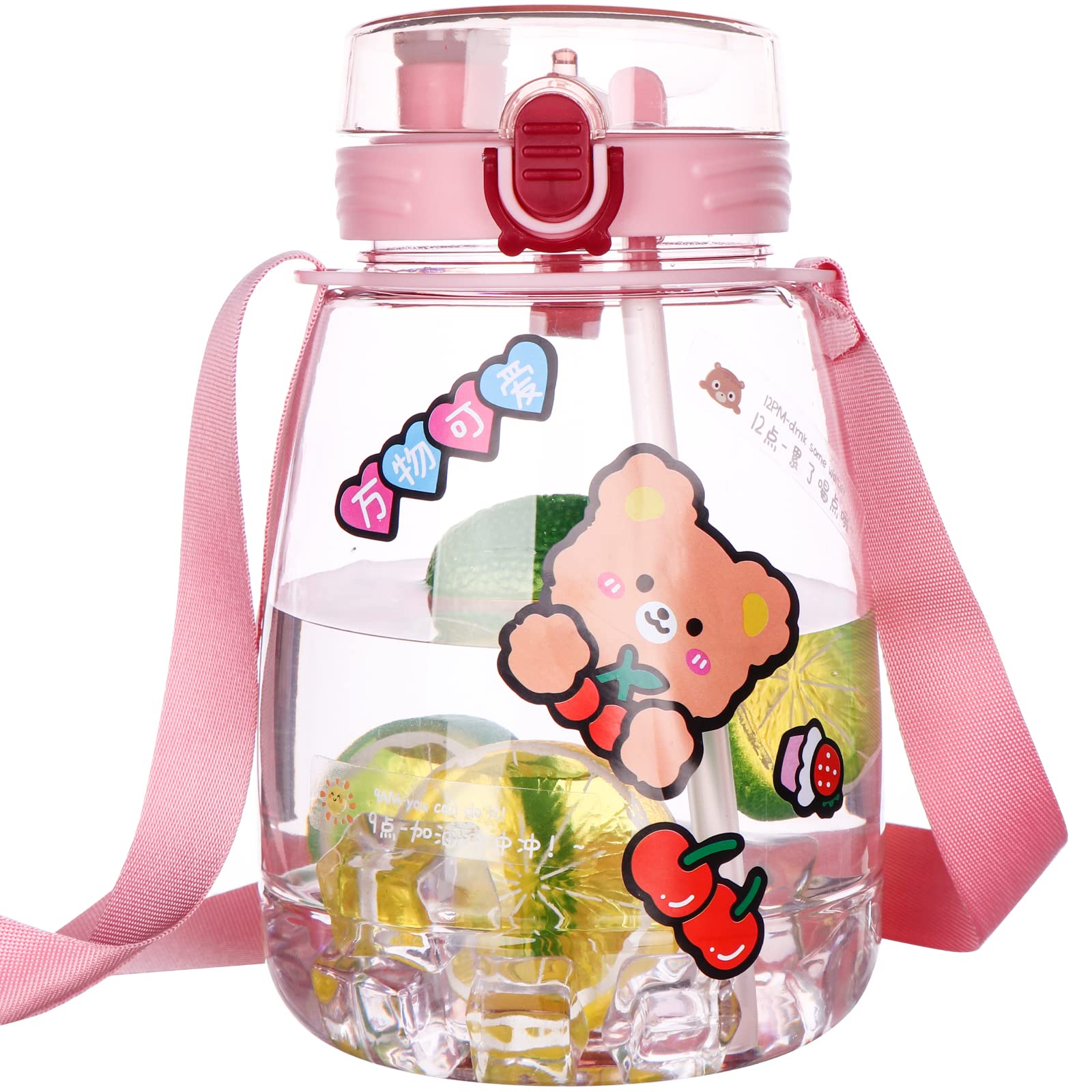 44oz Cute Water Bottle with Straw & Adjustable Strap - Leakproof Kawaii Pot Belly Bottle for Kids & Adults - BPA Free Transparent Juice Jug for School, Gym, Hiking & Outdoor Activities