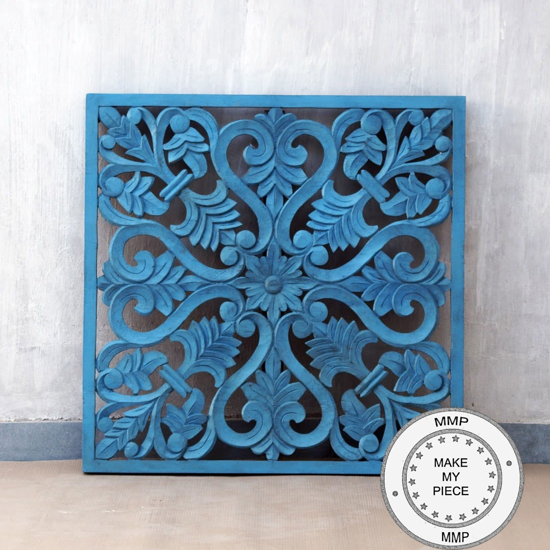 Hand Carved Indian Solid Wood Wall Decor Panel - Blue Dynasty Design for Home & Office Decoration | Perfect for Living Room, Bedroom, or Entryway