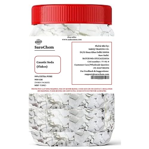 SaroChem™ 99.9% Pure Caustic Soda Flakes/Lye - Lab Tested Drain Cleaner for Pipes, Ovens & Soap Making | Unclogs Drains, Removes Grease | Candle Making & Detergent Ingredient | 900g Jar Pack for Home & Industrial Use