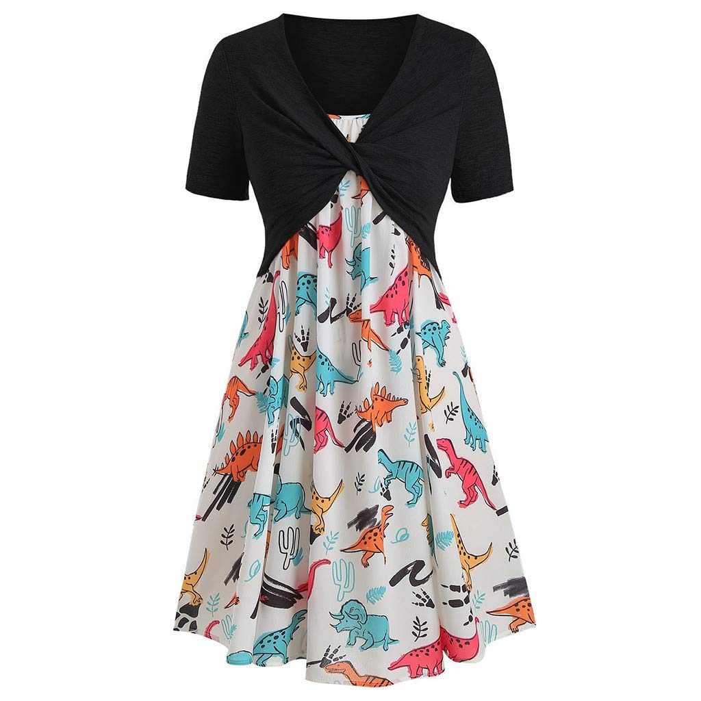 Women's Casual Print Short Sleeve Bandage Mini Dress with Knot Detail - Dinosaur Pattern Summer Maxi Dress for Beach, Party & Everyday Wear