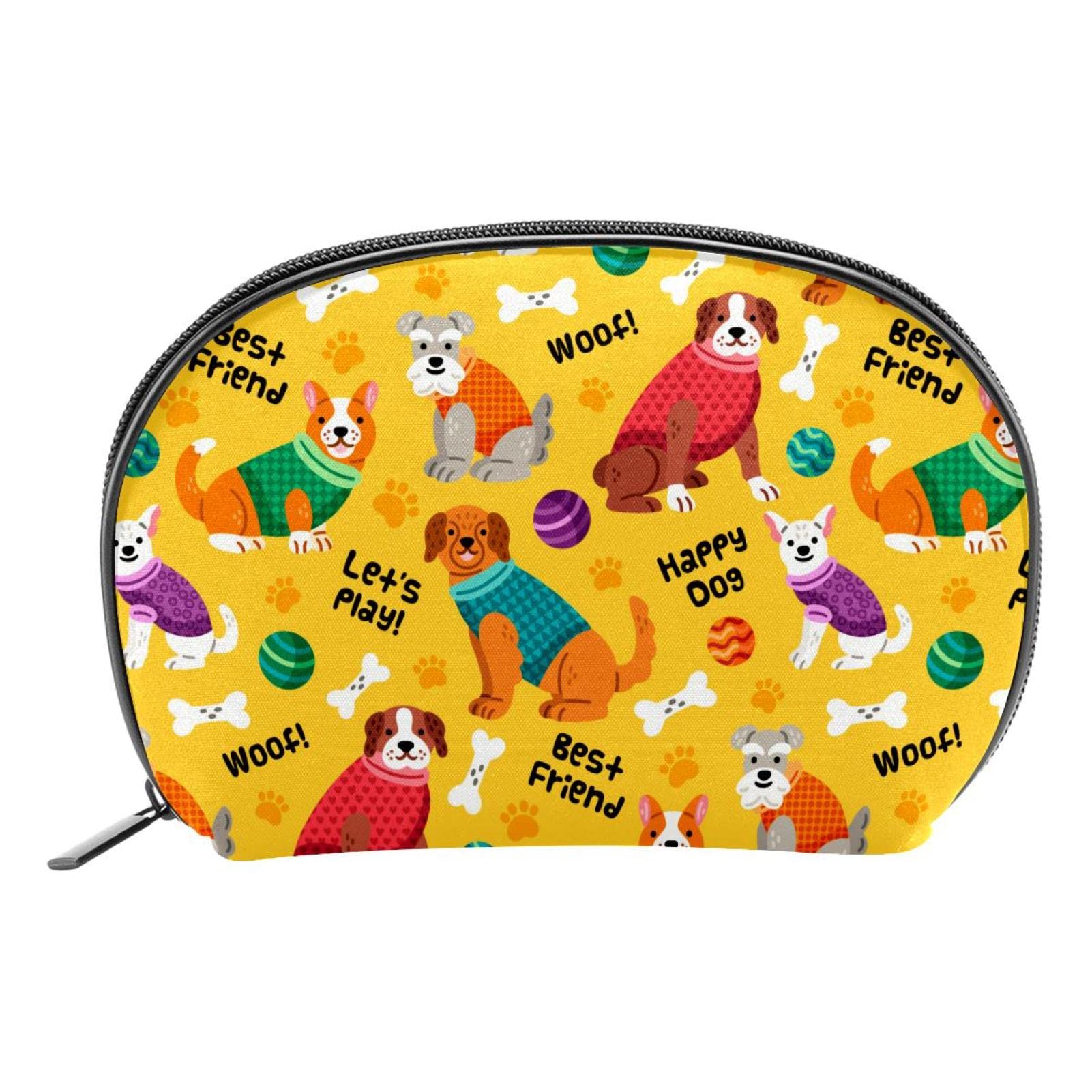 Colorful Happy Dog Pattern Semicircle Cosmetic Toiletry Bag - Reusable Makeup Pouch for Women & Girls | Travel, Gym, Daily Organizer (Best Friend Puppies Design)