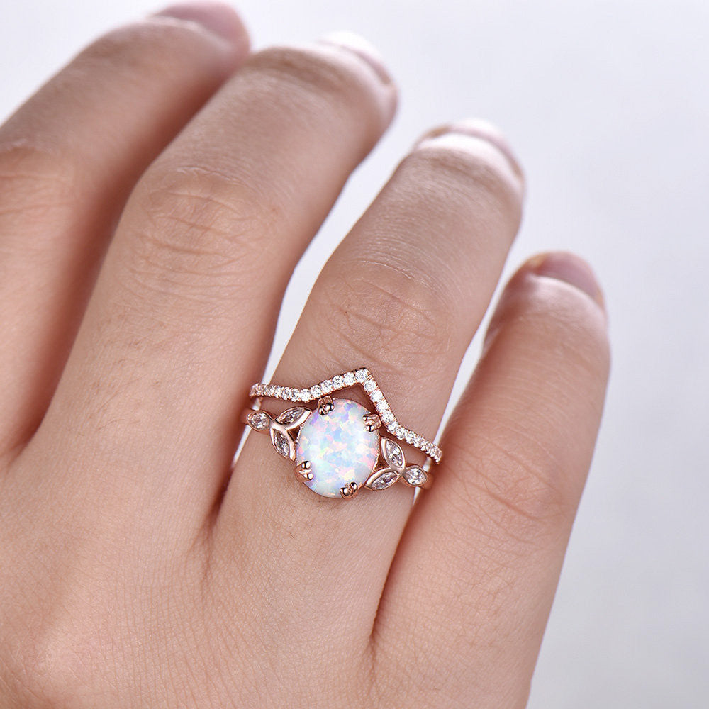 Opal Wedding Ring Set - White Fire Opal Floral Engagement Ring & Rose Gold Plated Curve Wedding Band - Unique Silver Bridal Jewelry for Women - Perfect for Proposals, Anniversaries & Romantic Occasions