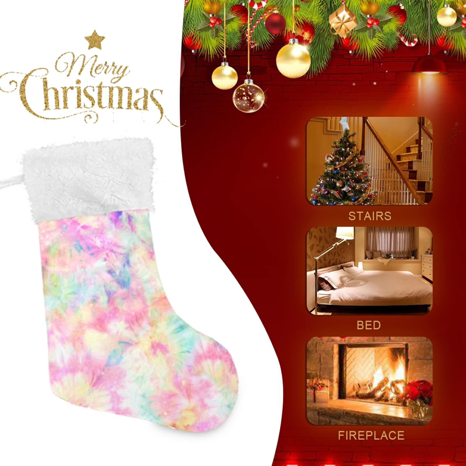 ALAZA 18 Inch Christmas Stockings - Burlap with Large Pink Tie Dye & Plush Faux Fur Cuff - Holiday Stockings for Family, Xmas Party Decor - Perfect for Fireplace Mantel, Gift Filling & Festive Home Decor
