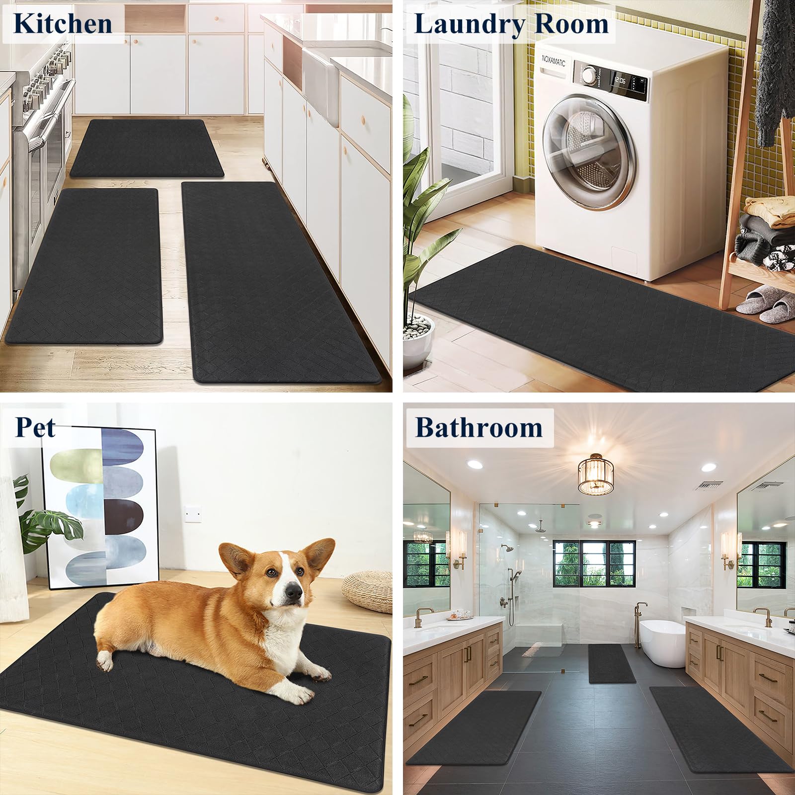 HEBE Anti-Fatigue Kitchen Floor Mats Set of 3 - Non-Slip Cushioned Standing Mats, Waterproof Kitchen Rugs for Sink, Laundry & Office - Comfortable Home & Workspace Flooring Solution for Long Standing