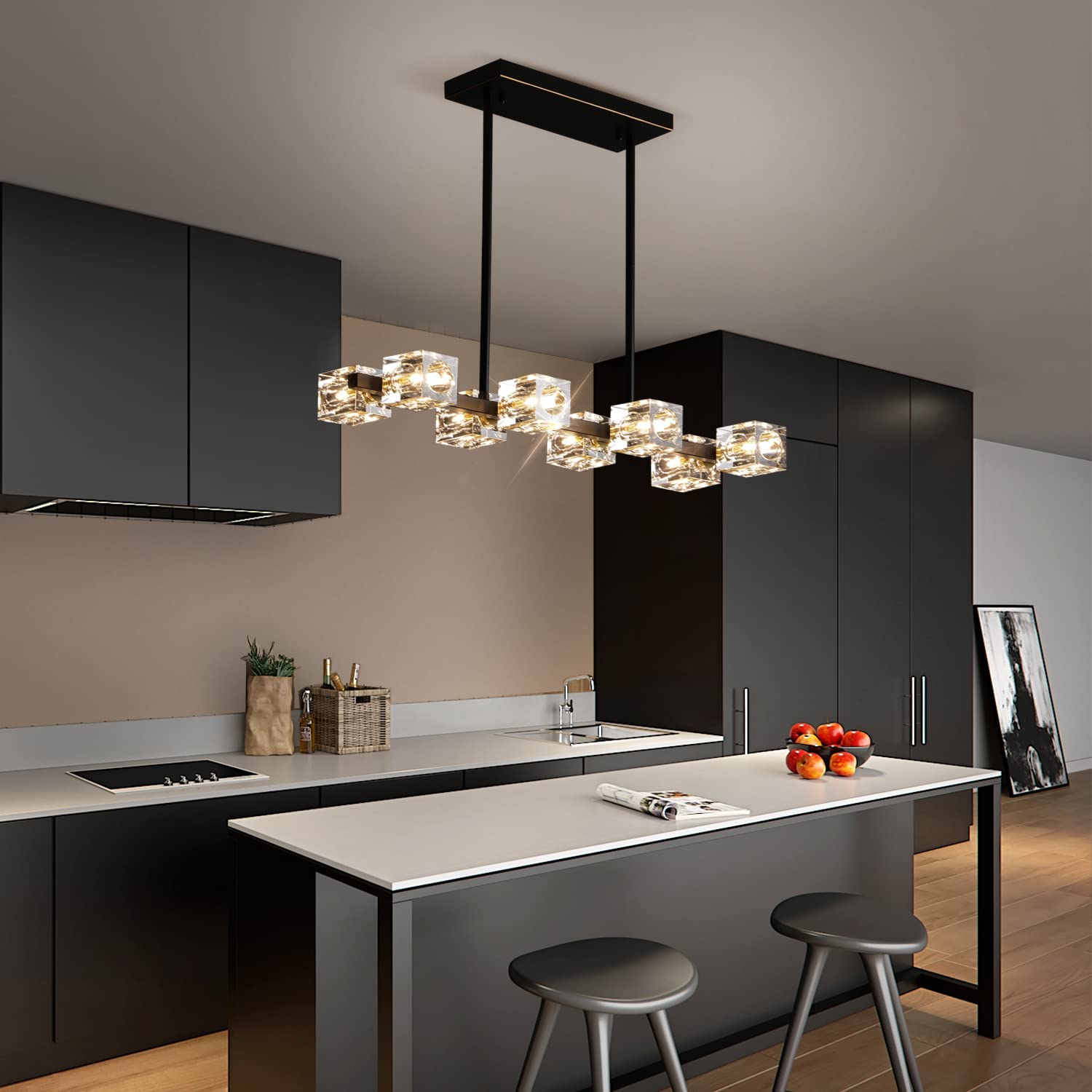 Modern Black Crystal Chandelier with 8 Lights - Cube Pendant Lighting Fixture for Dining Room, Kitchen Island, Bedroom & Living Room | Elegant Ceiling Lamp for Home Decor, Wedding Venues and Restaurants