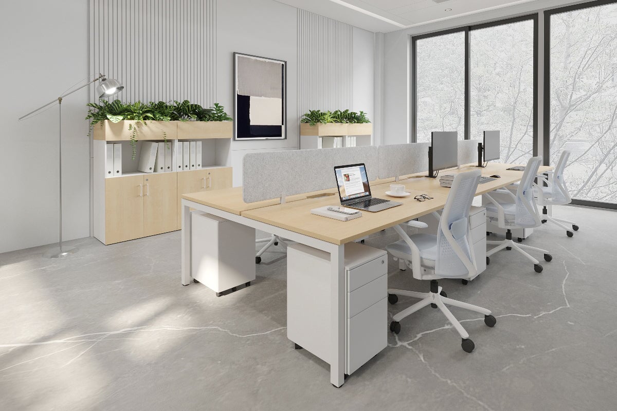 Quadro Square Legs 6-Person Office Workstation Desk - 1200L x 800W with Cable Management Scallop - Ideal for Open Office Layouts & Collaborative Workspaces