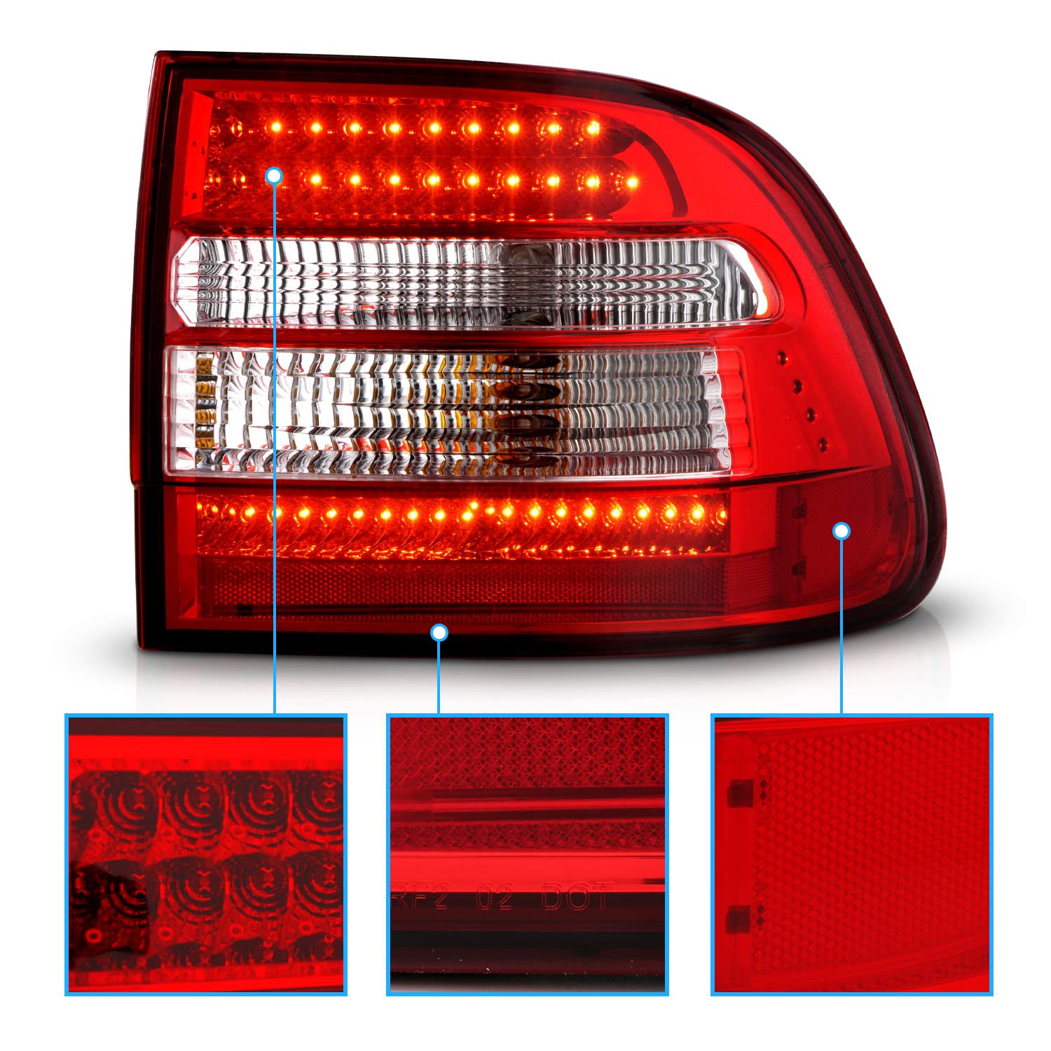 AmeriLite Red Clear LED Tail Lights Pair for Porsche Cayenne SUV - Left & Right Side Replacement - Enhance Visibility & Style for Night Driving & Car Shows