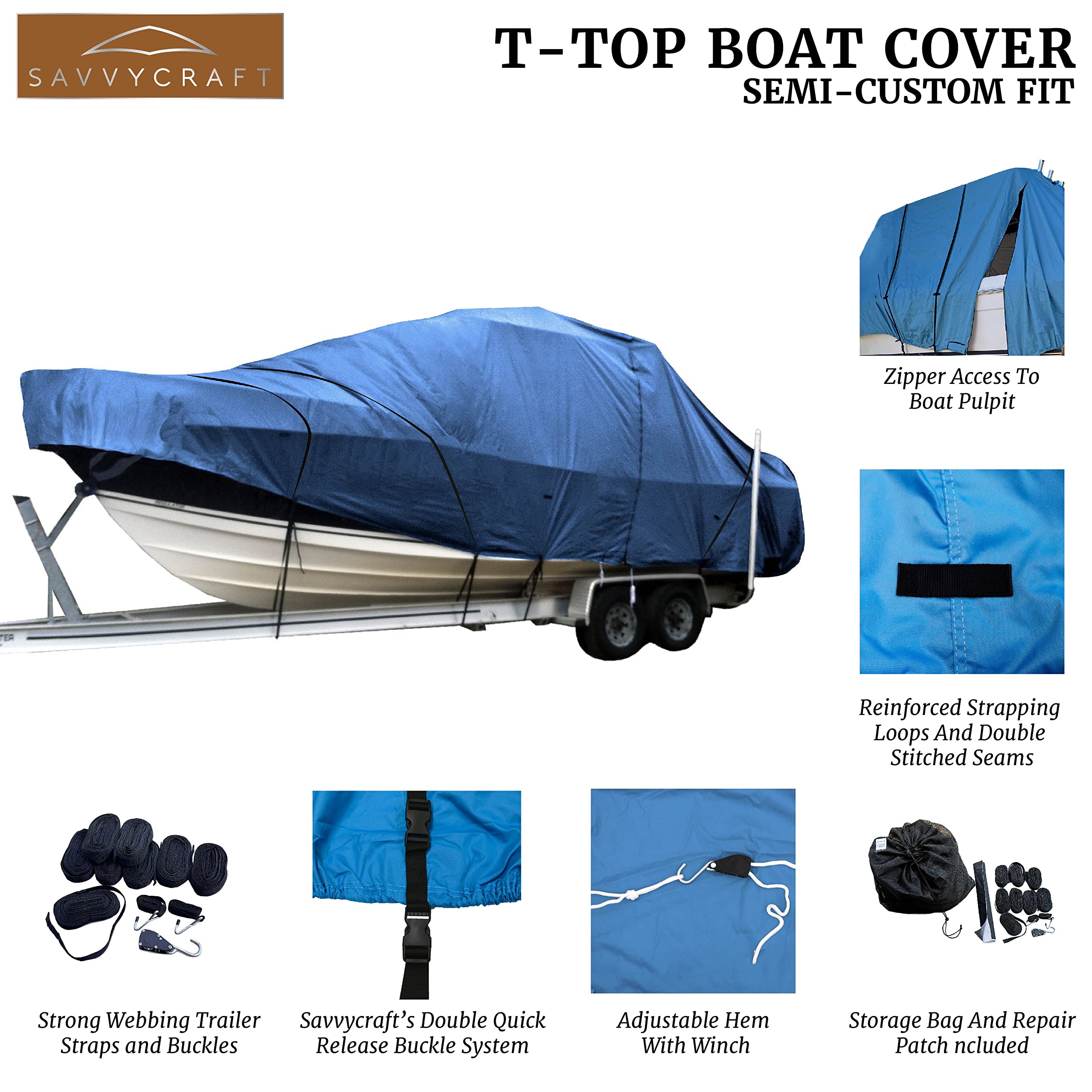 Heavy Duty T-Top Boat Cover for Center Console Boats up to 22ft - Waterproof UV Resistant Marine Grade Fabric - Perfect for Outdoor Boat Storage & Protection (Blue)